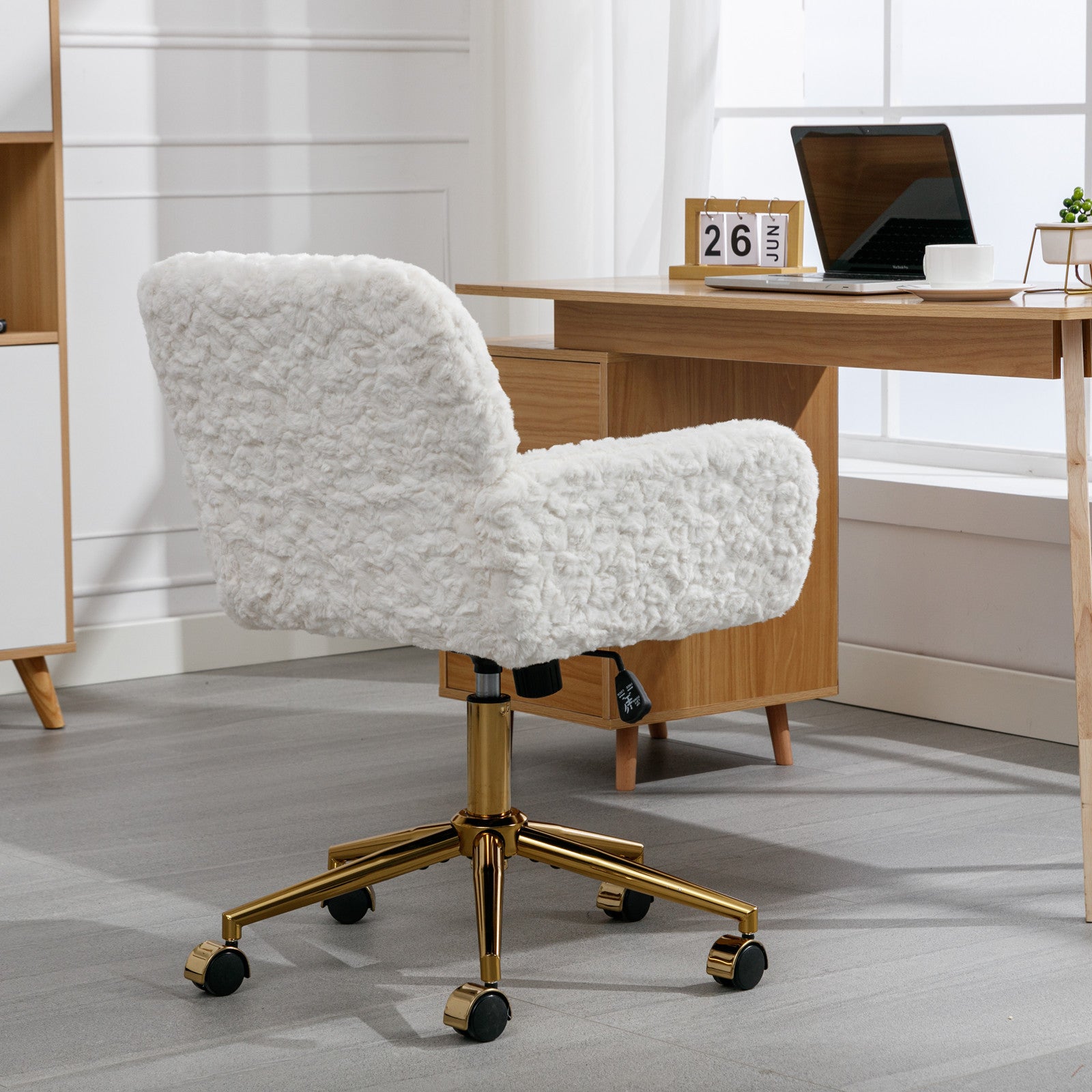 A&A Furniture Artificial Rabbit Hair Office Chair with Golden Metal Base, Adjustable Swivel Vanity Chair, Beige Velvet - Gran
