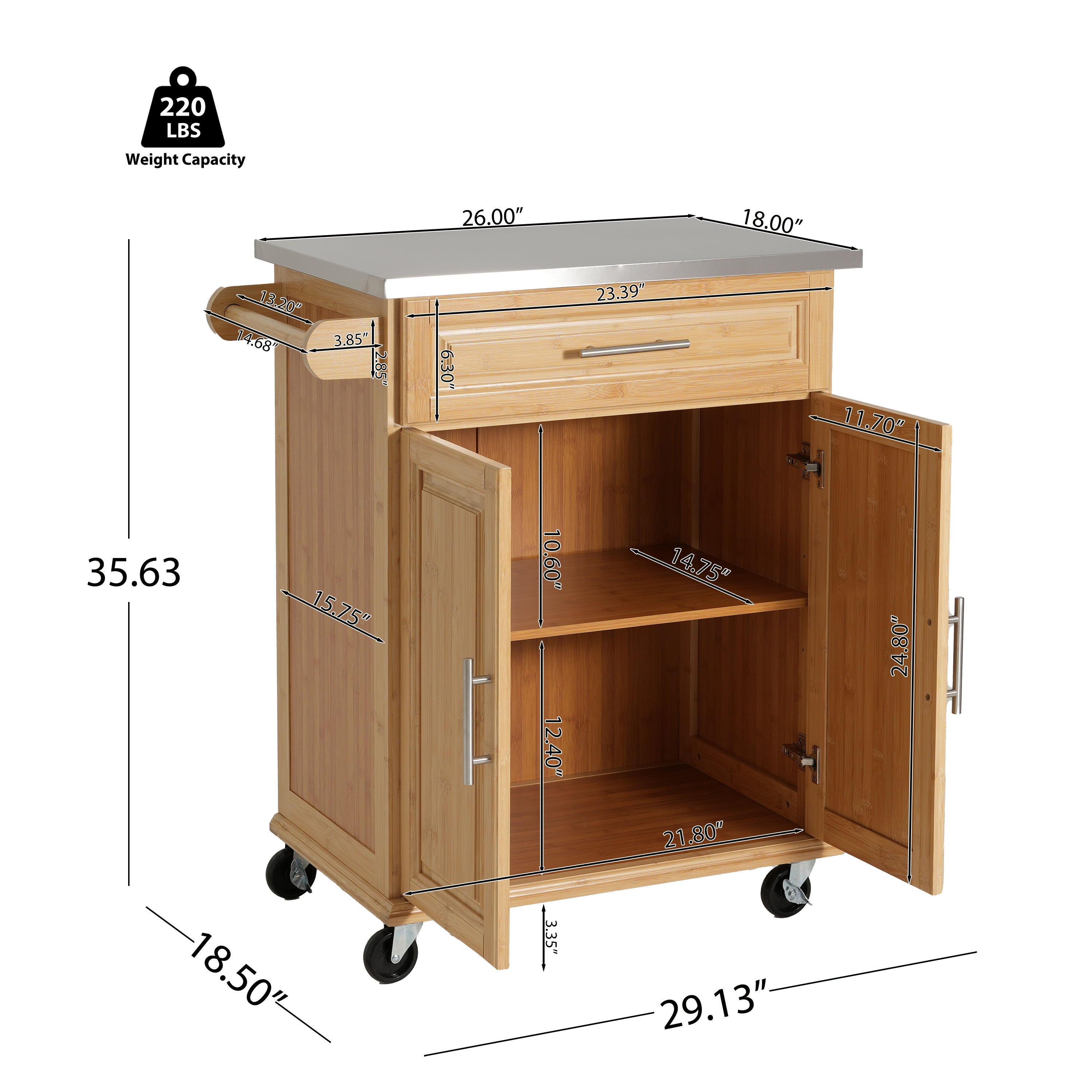 Indoor Compact Bamboo Rolling Kitchen Cart with Stainless Steel Top – Mobile Storage Island with Drawer & Cabinet for Small Spaces - Grand Goldman Shop