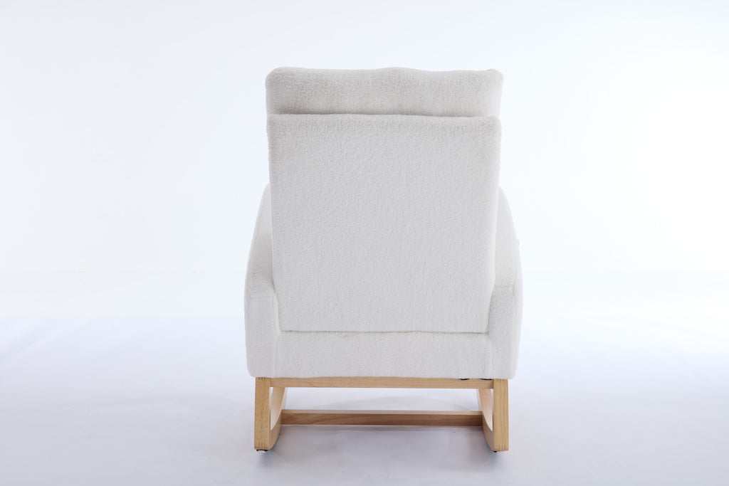 015B-Teddy Fabric Leisure Rocking Chair,Nursery Rocking Chair With Adjustable Footstool,Thickened Headrest And High Backrest, Storage Pocket On The Right Side,The Base Rocker Is Solid Wood,White - Grand Goldman Shop