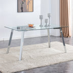 A modern minimalist rectangular glass dining table with tempered glass tabletop and silver metal legs, suitable for kitchens, restaurants, and living rooms,63'*35.4'*30' - Grand Goldman Shop