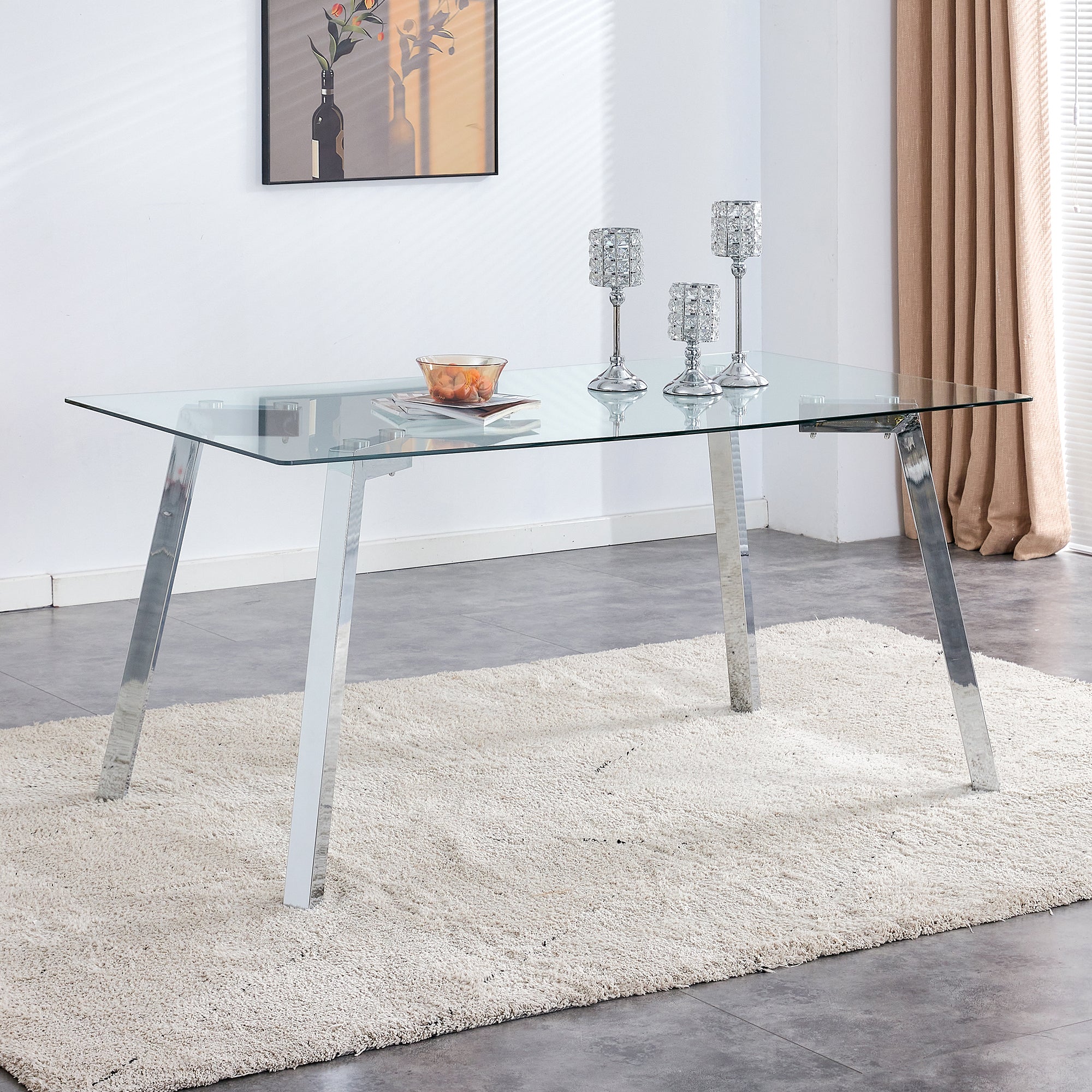 A modern minimalist rectangular glass dining table with tempered glass tabletop and silver metal legs, suitable for kitchens, restaurants, and living rooms,63'*35.4'*30' - Grand Goldman Shop