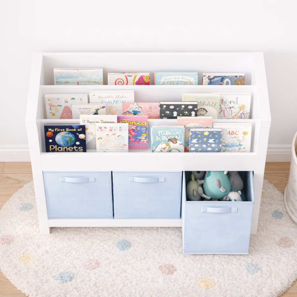 Kids Bookshelf with 3 Tier Front-Facing Storage and 3 Fabric Bins, Wooden Toddler Bookcase for Playroom, Nursery, Bedroom – K