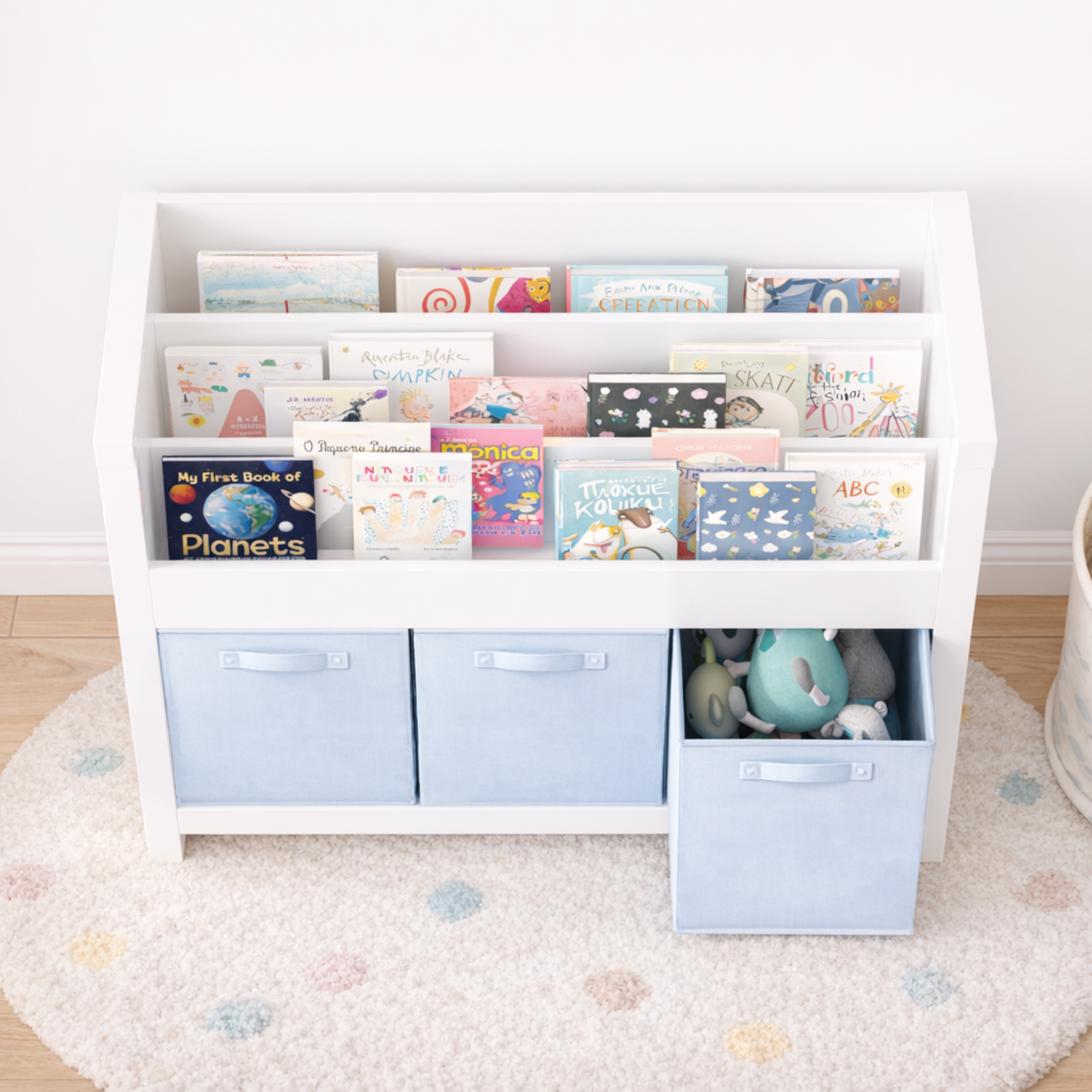 Kids Bookshelf with 3 Tier Front-Facing Storage and 3 Fabric Bins, Wooden Toddler Bookcase for Playroom, Nursery, Bedroom – K
