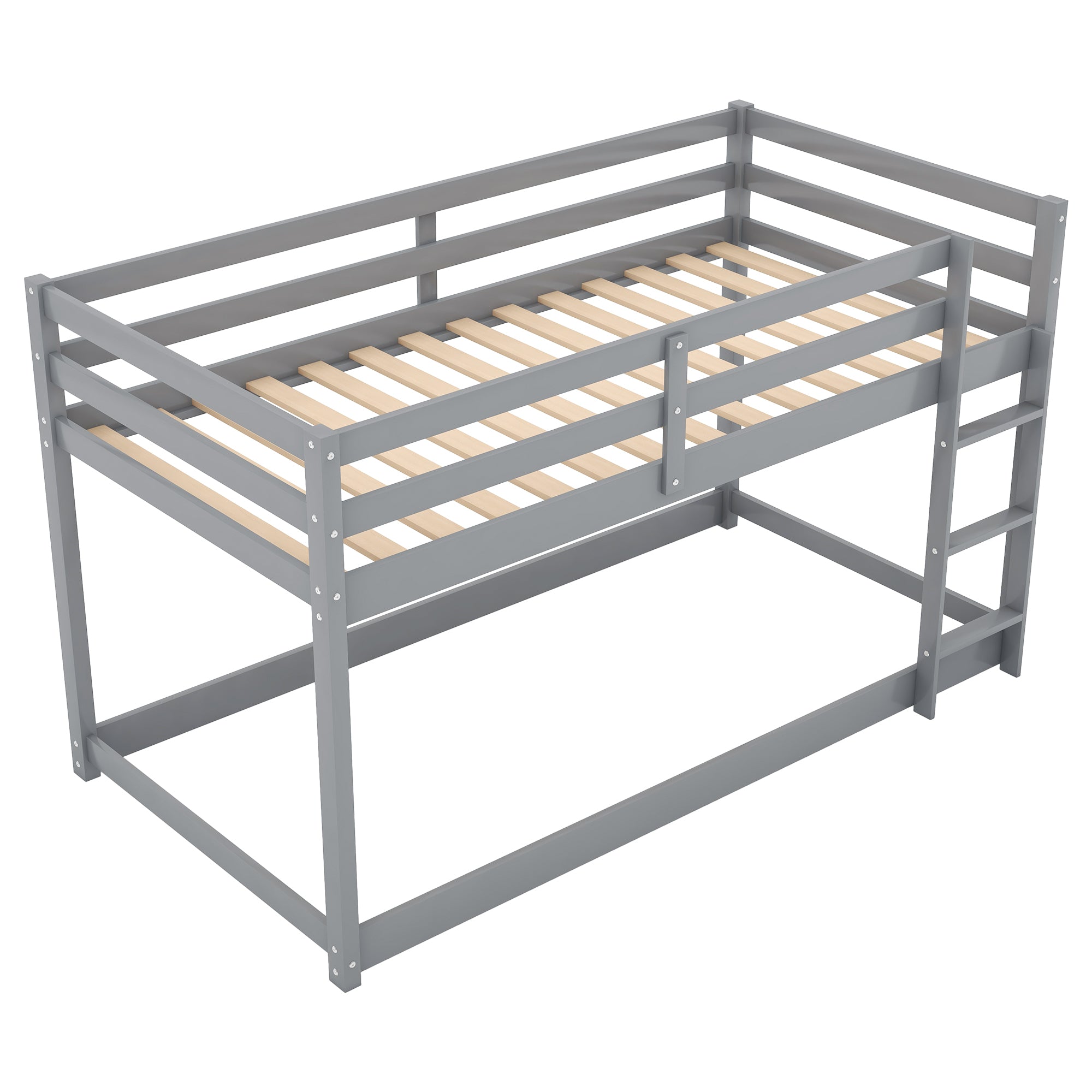 Gray Twin Over Twin Floor Bunk Bed with Ladder, Solid Pine Wood, 79.1''L x 42''W x 46.5''H - Grand Goldman Shop