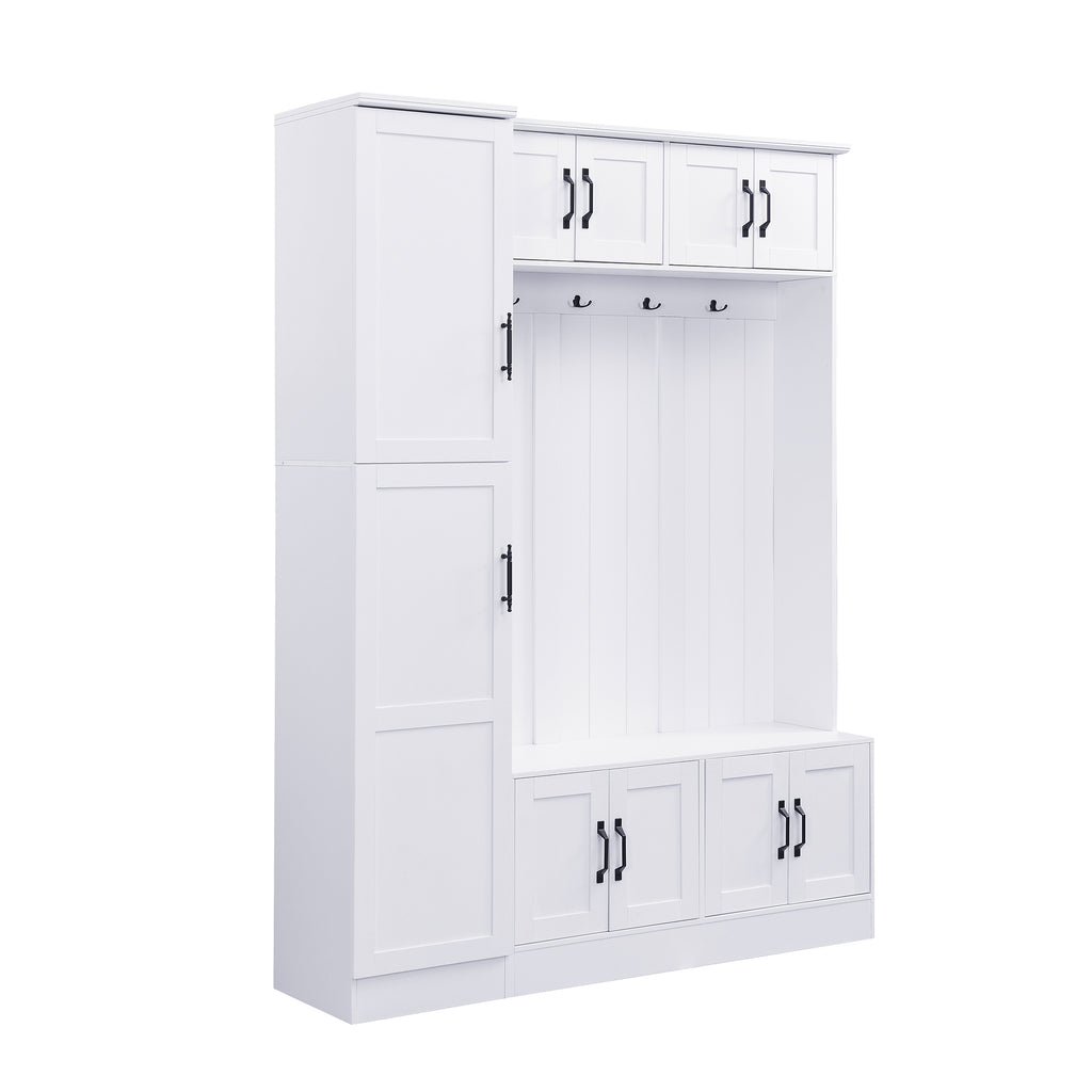 VIBE HAUS 79'' Tall Modern Hall Tree with Shoe Storage, 4-in-1 Entryway Bench with 6 Cabinets, 4 Coat Hooks & Adjustable Shelf for Hallway, living room, White - Grand Goldman Shop