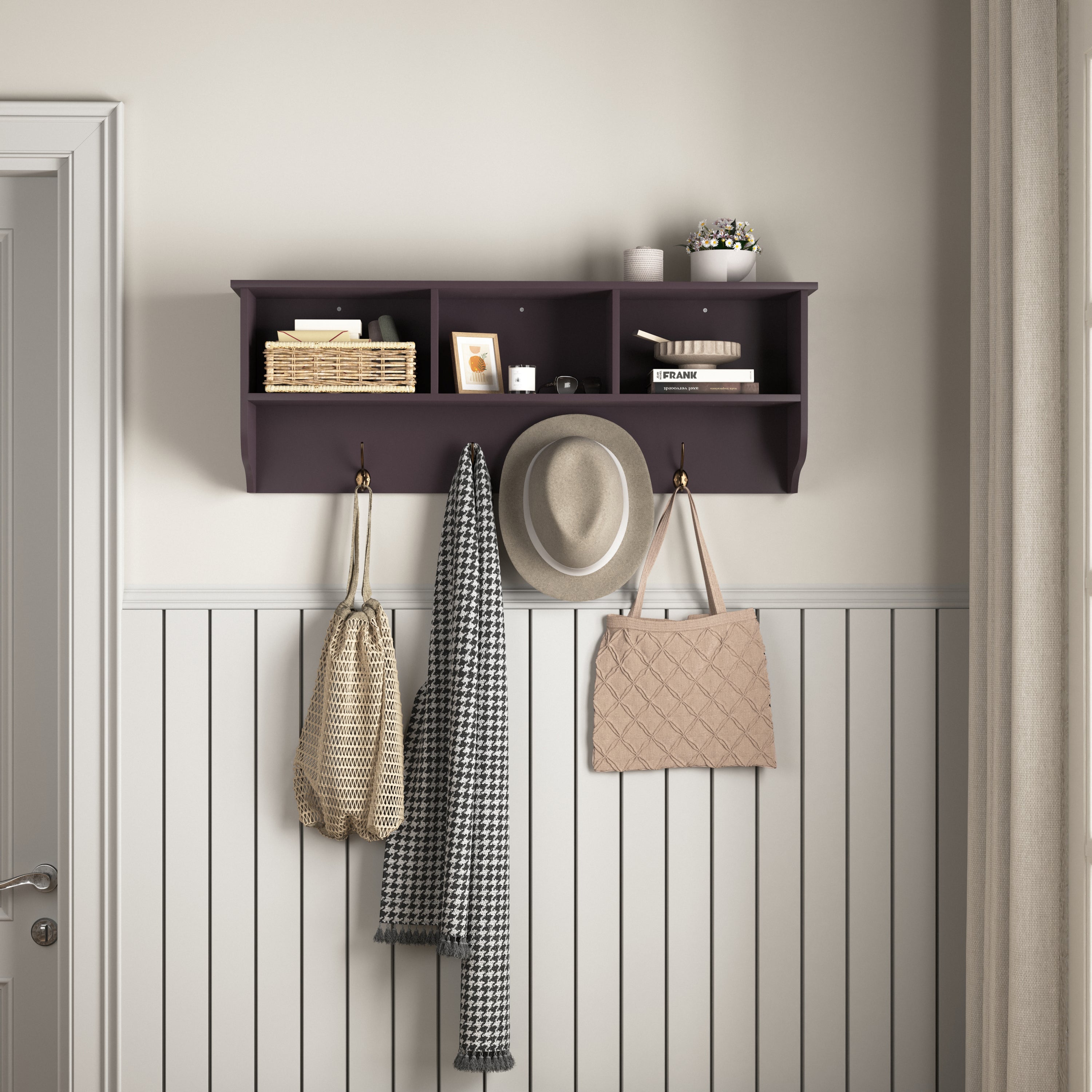 Espresso Entryway Wall Mounted Coat Rack with 4 Dual Hooks Living Room Wooden Storage Shelf - Grand Goldman Shop