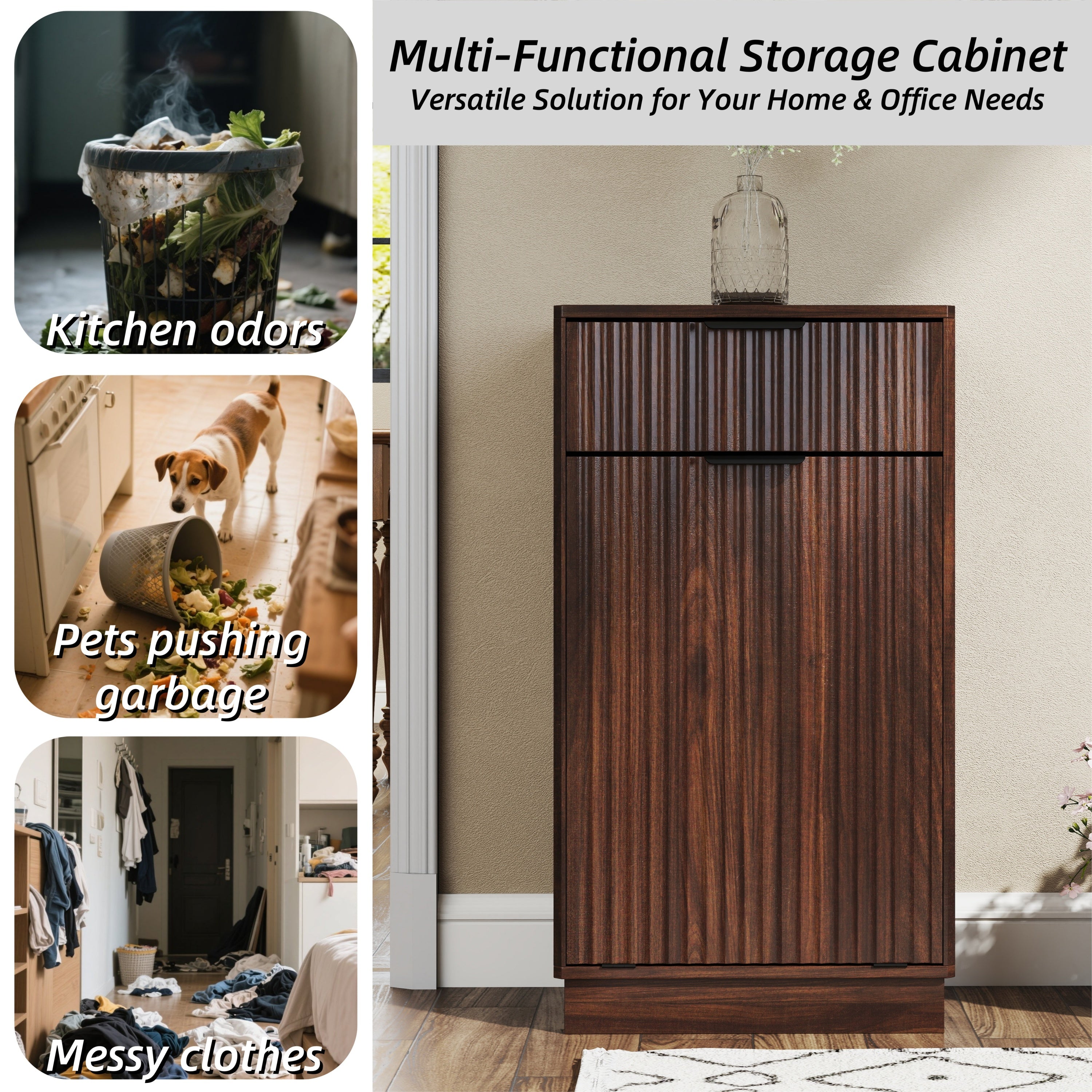 Woodgrain Tilt-Out Trash Can Cabinet with Wave-Textured Drawer & Pull-Out Bin in Walnut Finish - Grand Goldman Shop