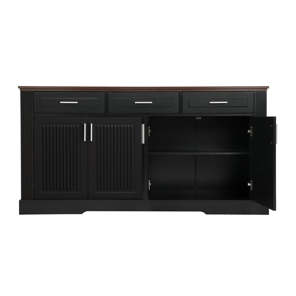 Black Fluted Sideboard Buffet Cabinet with 4 Doors and 3 Drawers, Modern Wood Kitchen Storage Console Table for Living Room Dining Room Entryway, 63' - Grand Goldman Shop