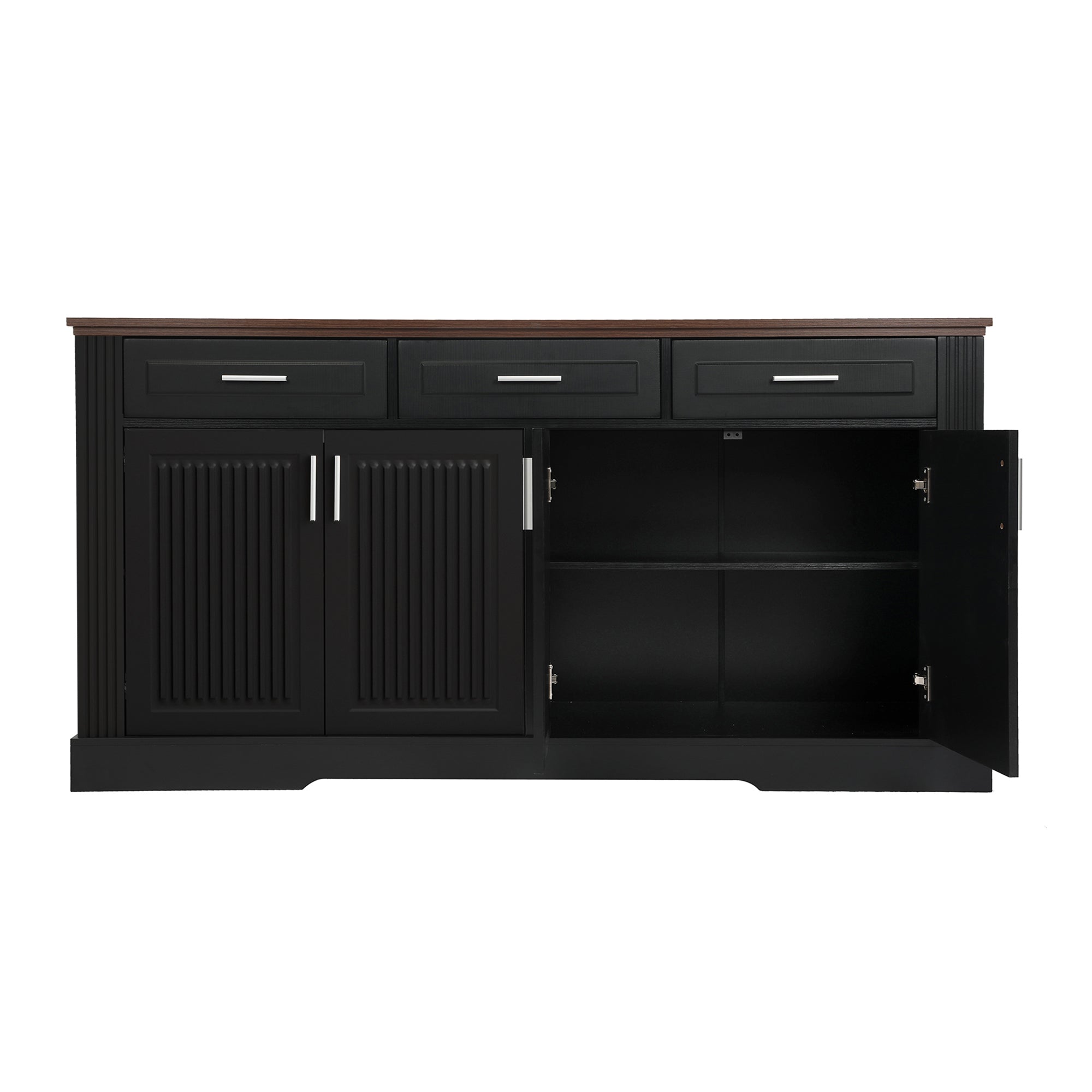 Black Fluted Sideboard Buffet Cabinet with 4 Doors and 3 Drawers, Modern Wood Kitchen Storage Console Table for Living Room Dining Room Entryway, 63' - Grand Goldman Shop