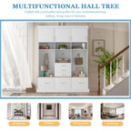 75'' H Entryway Hall Tree with Bench and Storage, 5-in-1 Modern Hall Tree with Coat Rack, 6 Drawers, 3 Cabinets and 3-Tier Top Storage for Hallway, Entryway, Living Room, Mudroom - Grand Goldman Shop