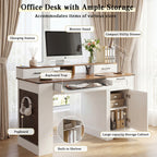 White Farmhouse Office Desk with Storage Cabinet, Charging Station, Monitor Stand & Pegboard, 55' Computer Writing Desk with 