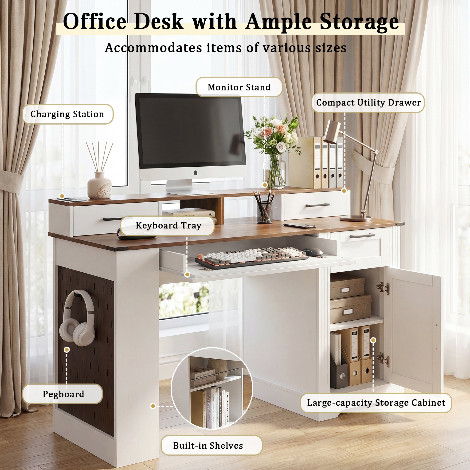 White Farmhouse Office Desk with Storage Cabinet, Charging Station, Monitor Stand & Pegboard, 55' Computer Writing Desk with 