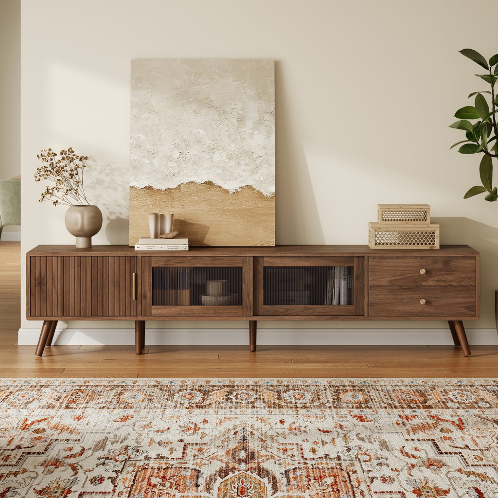 76' Modern Minimal Glass-Doors TV Stand for TVs up to 85 Inches, Wood-Grain Entertainment Center with Storage Cabinets, TV Media Console Table for Living Room, Bedroom - Grand Goldman Shop