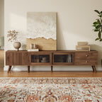 76' Modern Minimal Glass-Doors TV Stand for TVs up to 85 Inches, Wood-Grain Entertainment Center with Storage Cabinets, TV Media Console Table for Living Room, Bedroom - Grand Goldman Shop