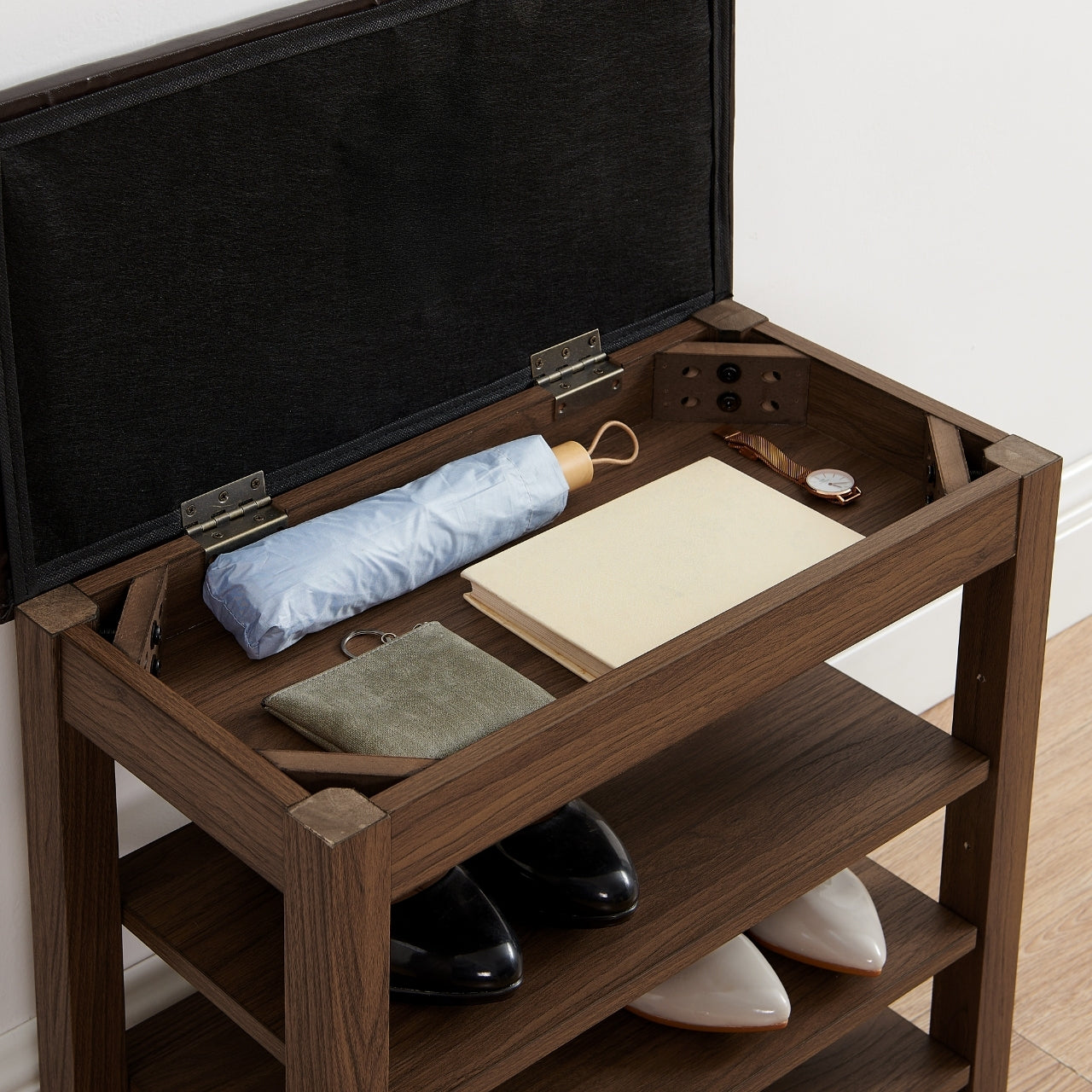 A height-adjustable shoe-changing bench made of high-quality wood, equipped with a comfortable seat and concealed storage space,Natural rubber wood,Brown - Grand Goldman Shop