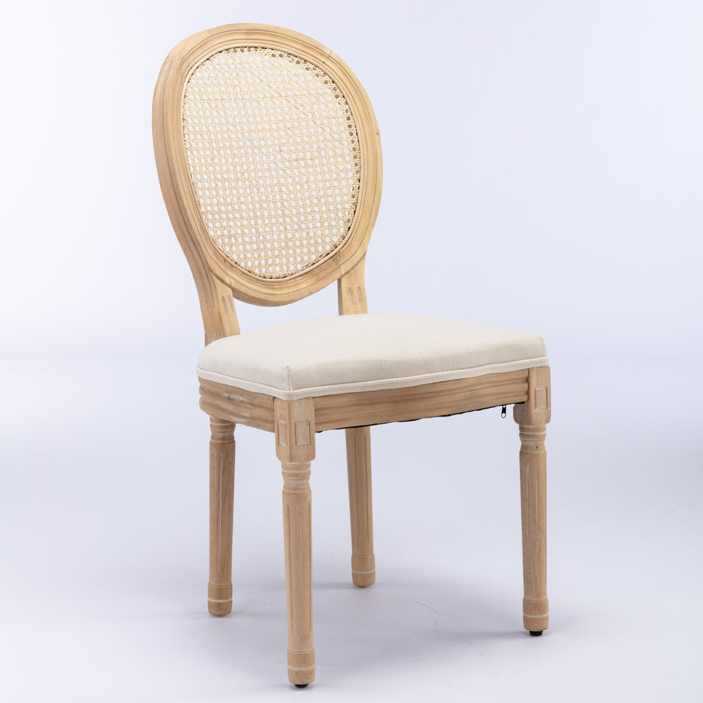 A&A Furniture,French Style Solid Wood Frame Antique Painting Linen Fabric Rattan Back Dining Chair,Set of 2,Cream,Beige - Grand Goldman Shop