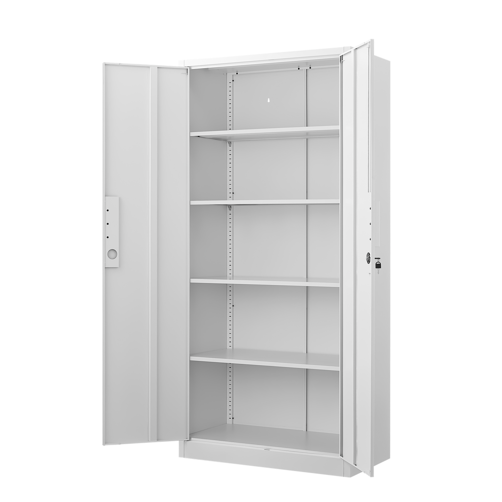 70-Inch Two-Door File Cabinet with Lock, 4 Adjustable Shelves, Heavy-Duty Steel, White Finish for Office Storage - Grand Gold