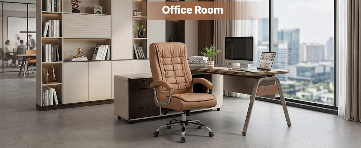 Executive Office Chair High Back PU Leather Desk Chair with Spring Seat Cushion, Ergonomic Swivel Computer Chair with Chrome 