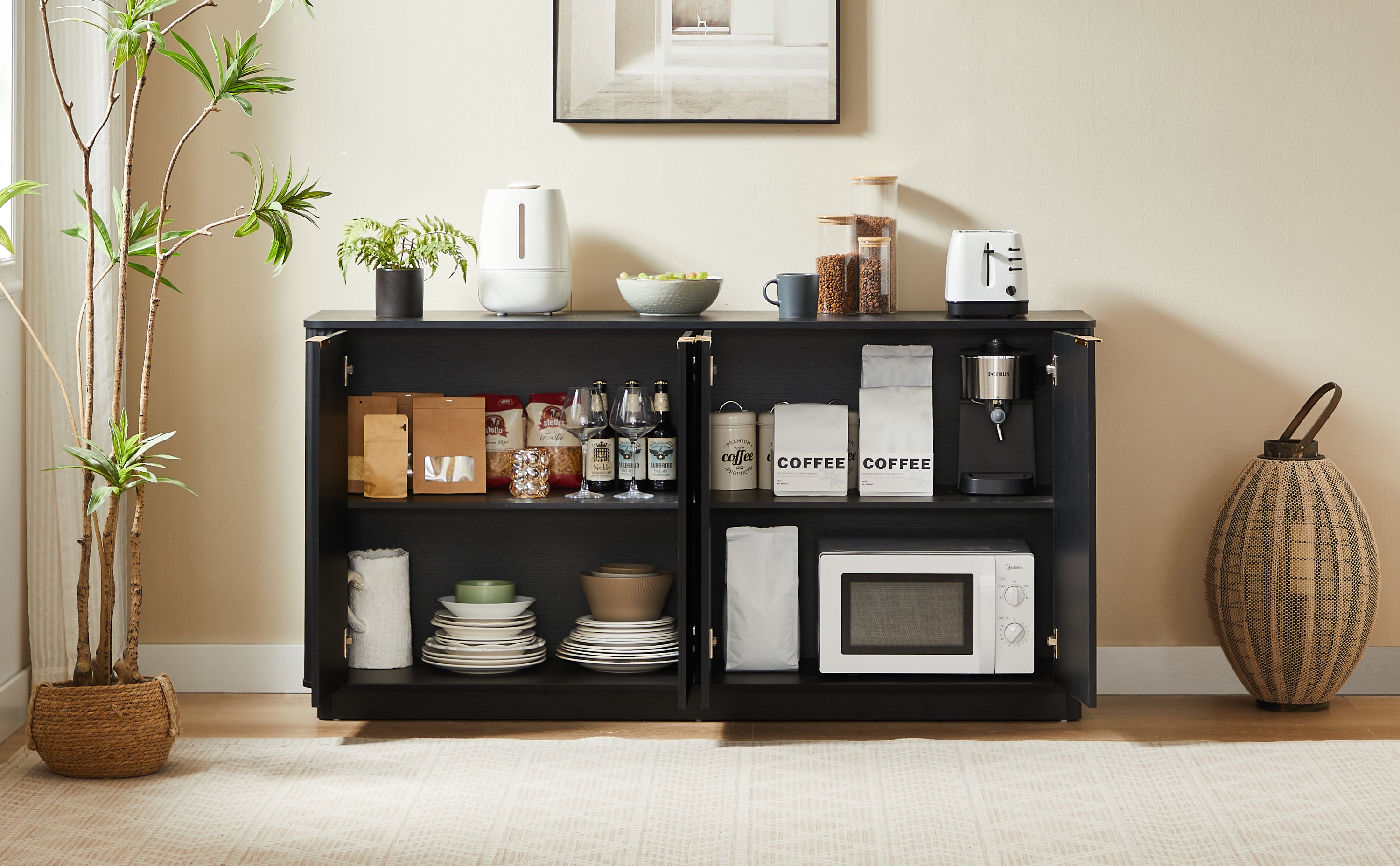 63' Vertical Stripe Buffet Cabinet Sideboard with stoarge, Curved wave Design, TV Stand, for Bedroom, Living Room, Hallway, Black,63''W x 15.75''D x 31.5''H. - Grand Goldman Shop