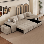 Modern L-Shape 3 Seat Reversible Sectional Couch with Pull Out Sleeper, Storage Chaise & 2 Stools, Cream, Linen Chenille - Grand Goldman Shop