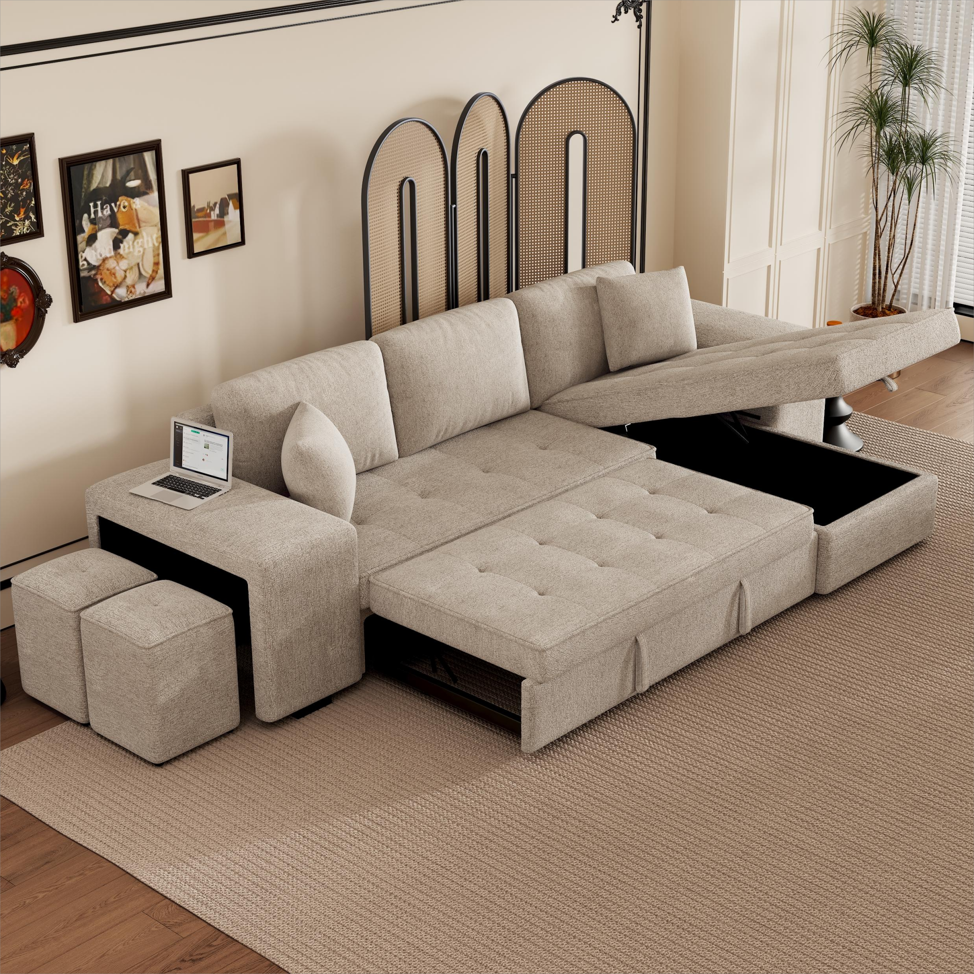 Modern L-Shape 3 Seat Reversible Sectional Couch with Pull Out Sleeper, Storage Chaise & 2 Stools, Cream, Linen Chenille - Grand Goldman Shop