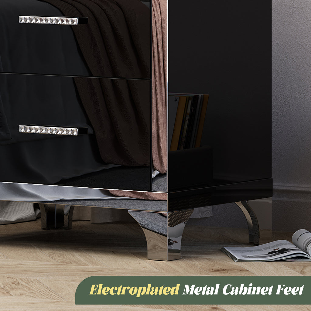 High Gloss Mirrored Nightstand with 2 Drawers,Modern End Table with Drawers,Mirrored High Gloss Wood Nightstand Metal Handle Bedside End Table for Bedroom, Dorm,Living Room,Black - Grand Goldman Shop