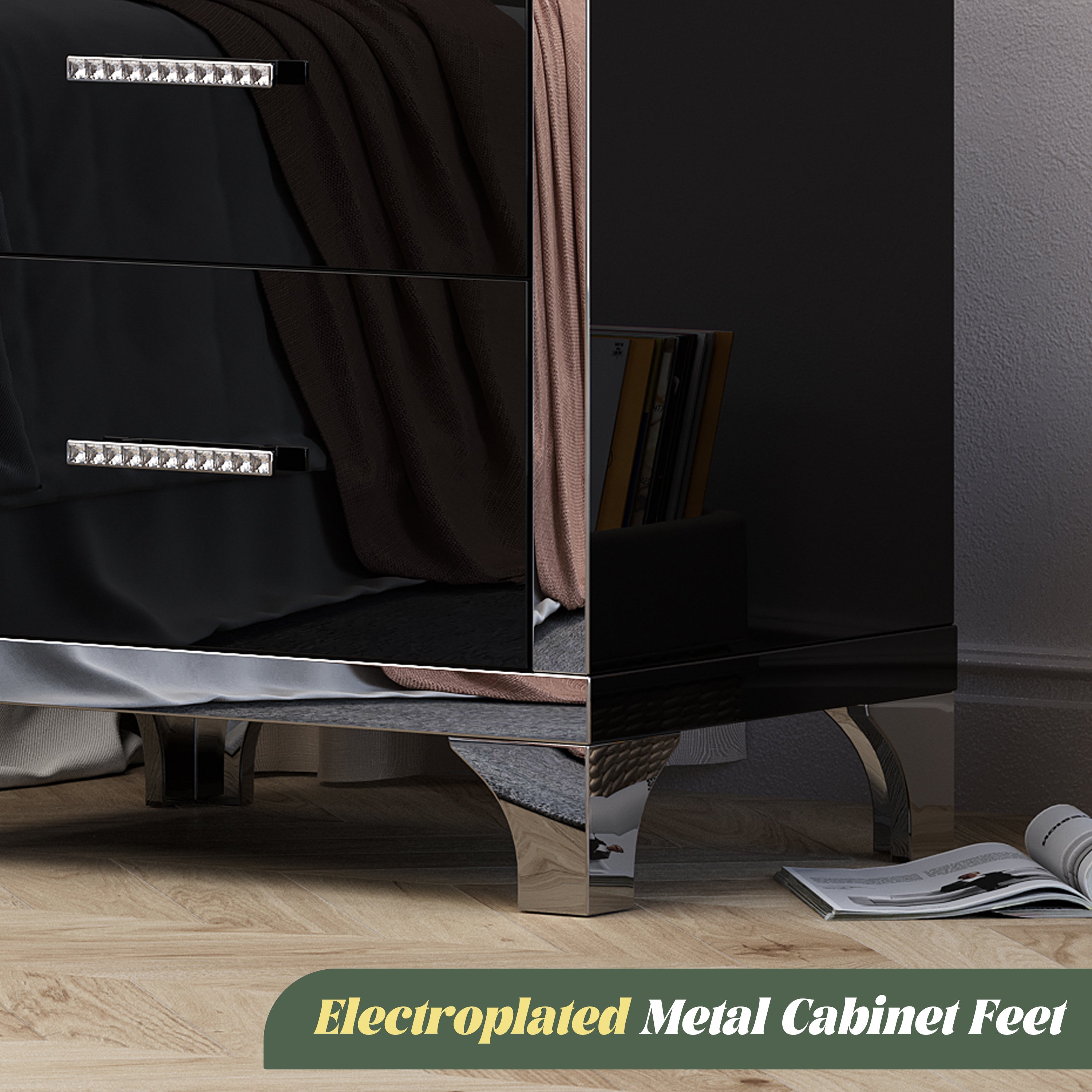 High Gloss Mirrored Nightstand with 2 Drawers,Modern End Table with Drawers,Mirrored High Gloss Wood Nightstand Metal Handle Bedside End Table for Bedroom, Dorm,Living Room,Black - Grand Goldman Shop