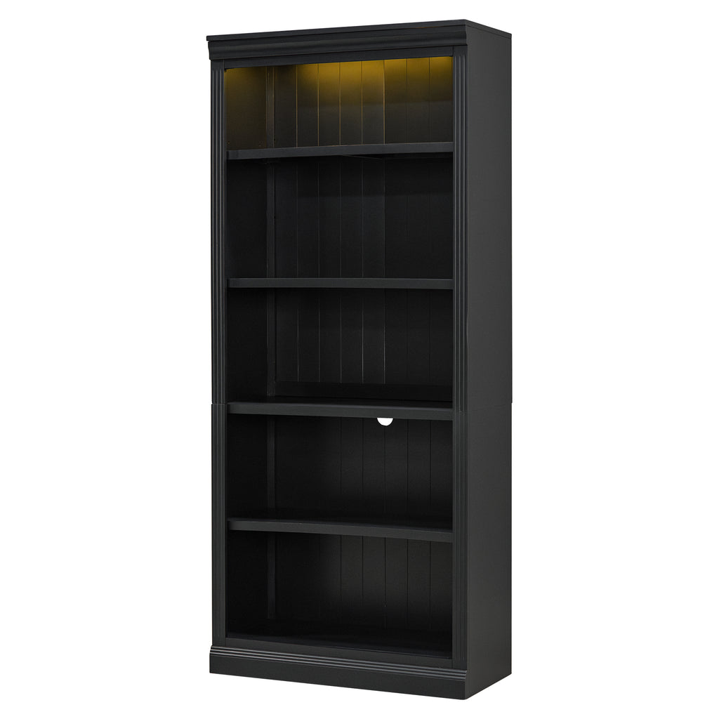 83.4' Tall Wood Bookcase with light strip,5-Tier Decor Bookshelves with Adjustable Shelves,Storage Organizer for CDs/Books/Mo
