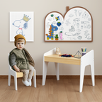 Kids Table Set with One Chair, Wooden Children Study Table, 2-8  Age Kids Funiture , White+Natural - Grand Goldman