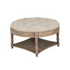 Large Round Waterproof Ottoman Coffee Table 2 Tier Oversized Button Tufted Ottoman with Wooden Shelf Storage Farmhouse Upholstered Coffee Table Living Room Footstool Ottoman Linen - Grand Goldman Shop