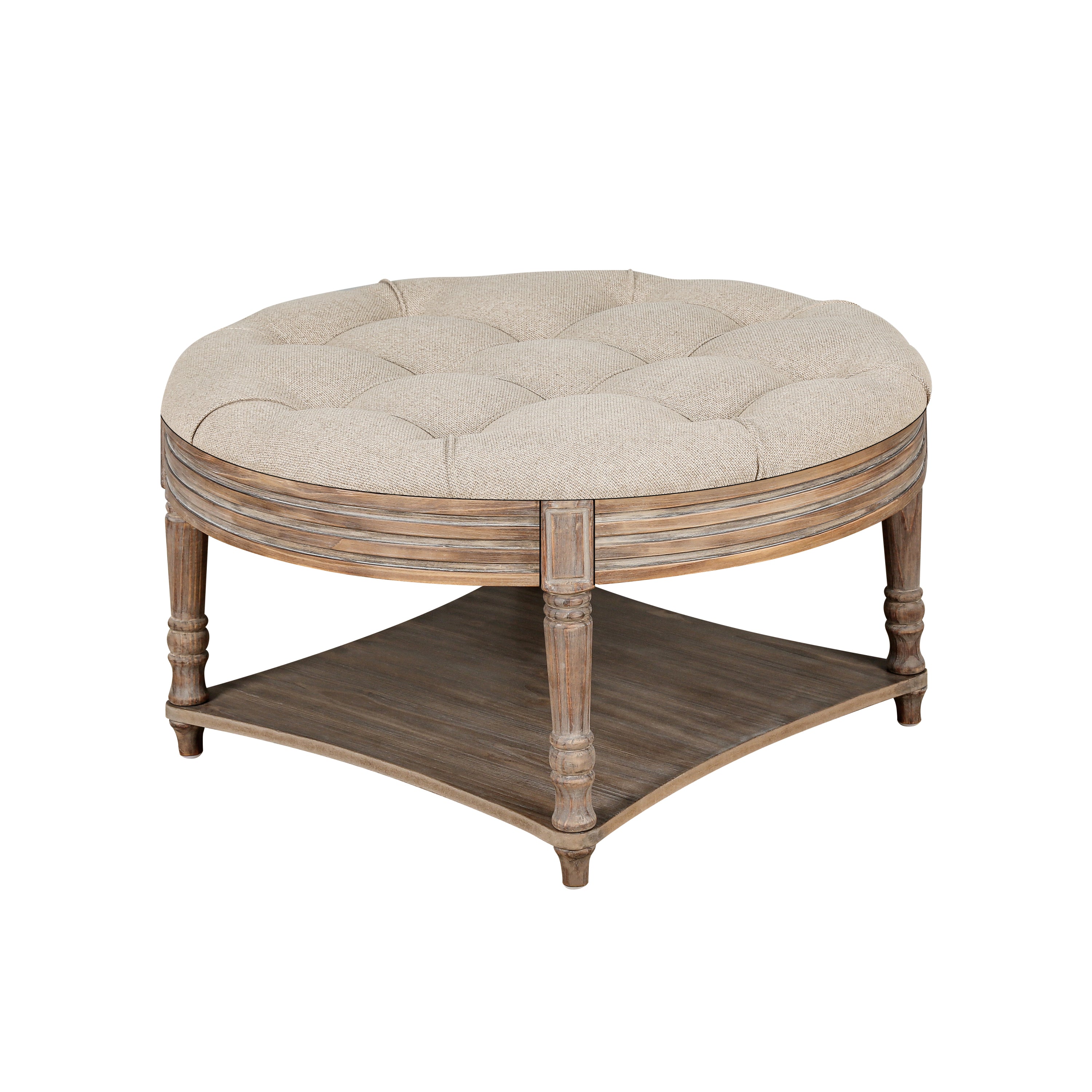 Large Round Waterproof Ottoman Coffee Table 2 Tier Oversized Button Tufted Ottoman with Wooden Shelf Storage Farmhouse Upholstered Coffee Table Living Room Footstool Ottoman Linen - Grand Goldman Shop