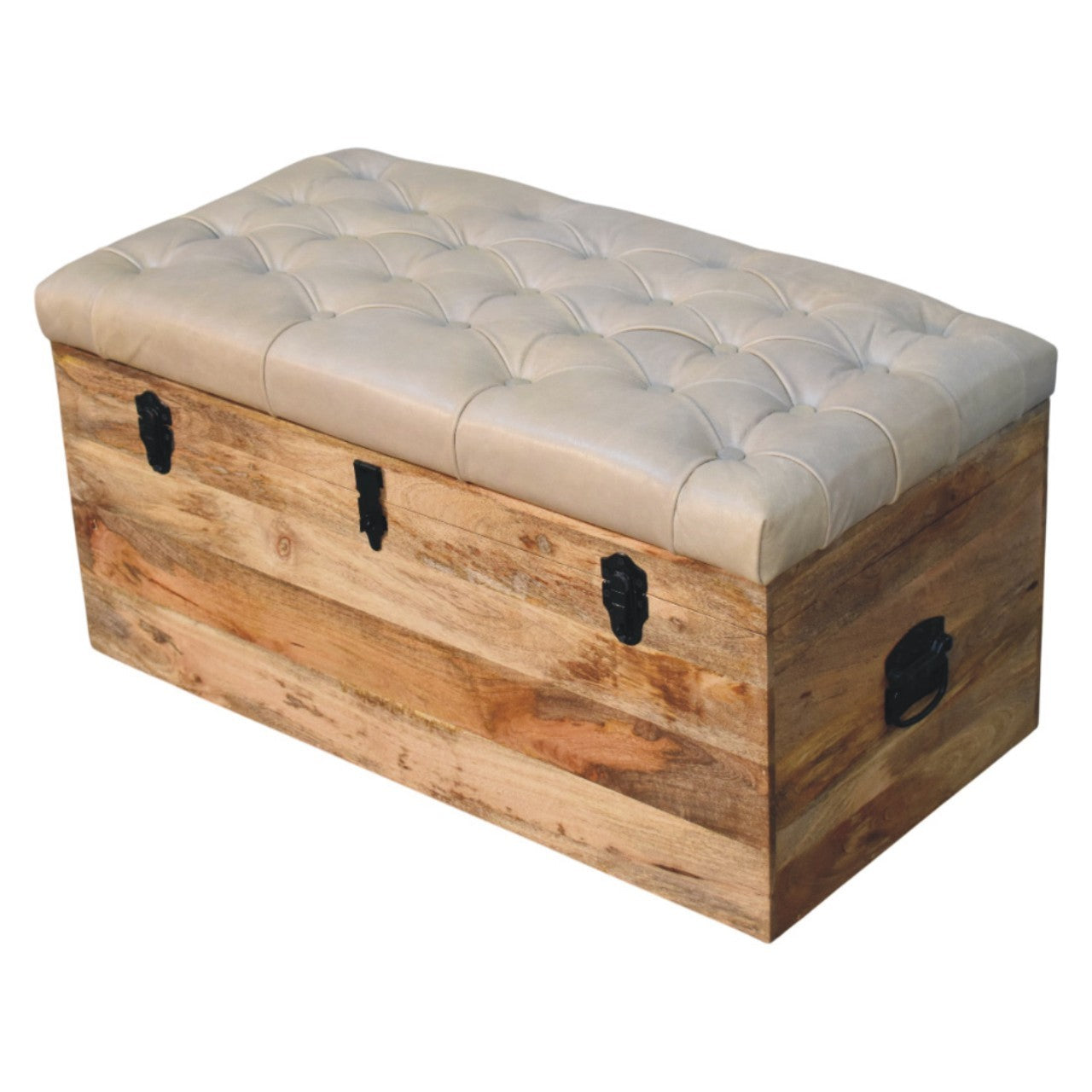 Solid Wood  Buffalo Hide Leather Upholstered Storage Trunk, Beige and Brown - Grand Goldman Shop