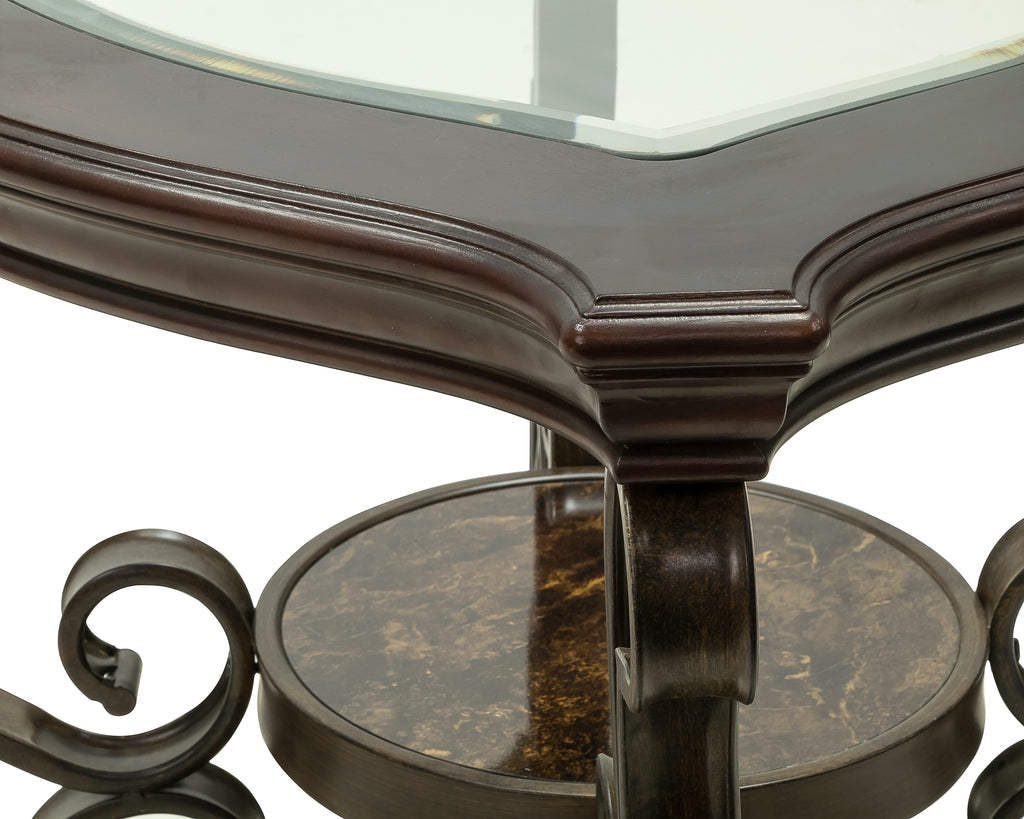 End table,  Glass table top, MDF W/marble paper middle shelf, powder coat finish metal legs. (26.3'Lx26.3'Wx24'H) - Grand Goldman Shop