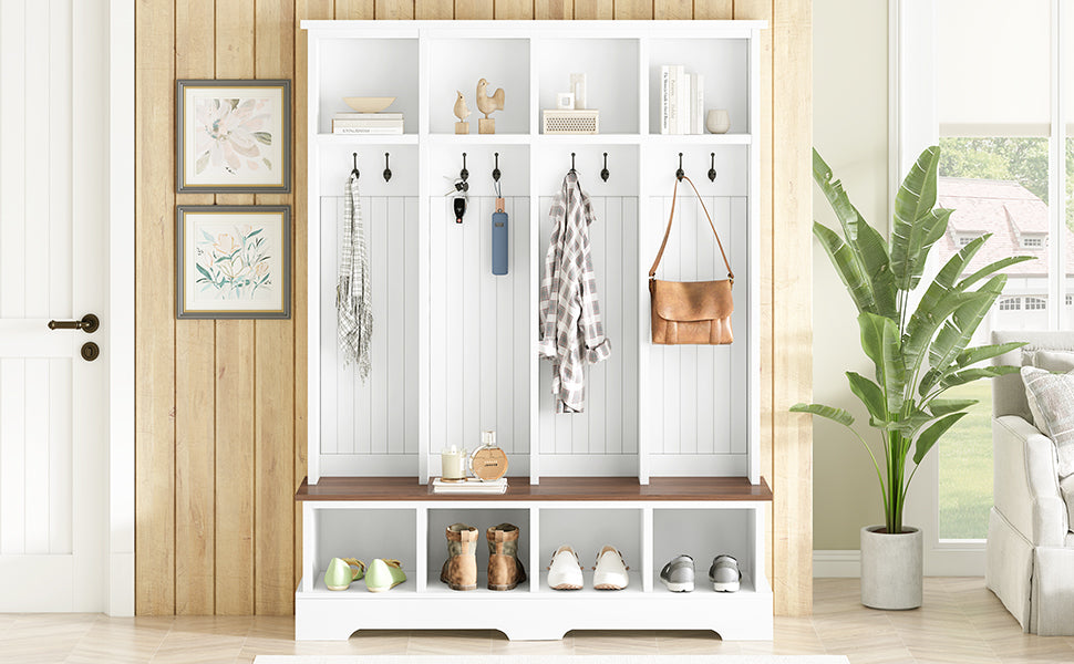 Farmhouse Hall Tree with 8 Hooks, Practical Entryway Bench with Open Compartments, 76.7'H Modern 3-in-1 Wooden Style Coat and Shoe Rack for Mudroom, Living Room, White (OLD SKU: N721P292601K) - Grand Goldman Shop