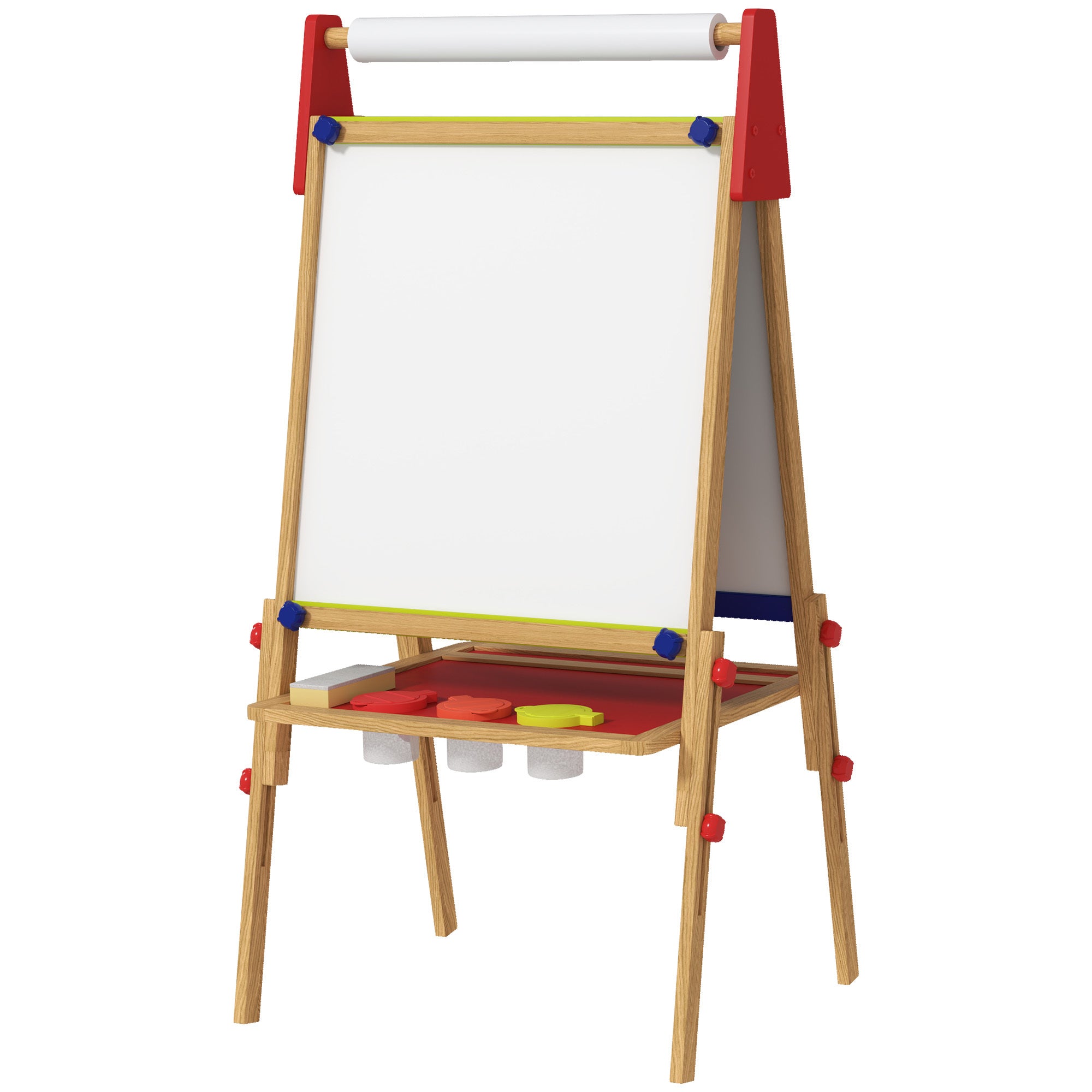 Qaba Easel for Kids, 3 in 1 Kids Art Easel with Paper Roll, Whiteboard, Chalkboard, Double Sided & Adjustable Height Wooden T