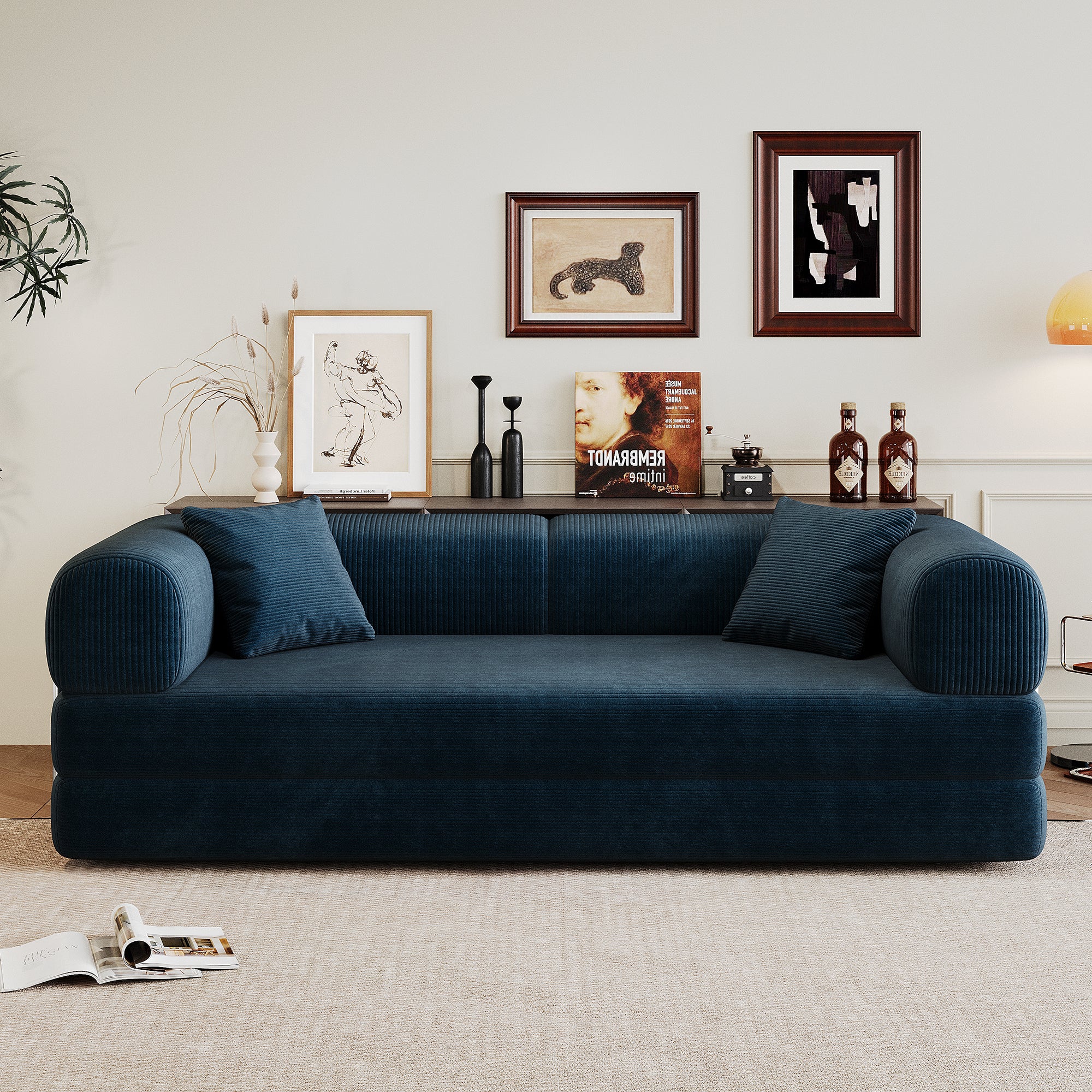 78.8' Compression Sofa,Convertible Floor Sofa Bed-with Pillow Back Support Armrest,Comfy Futon Couch Sleeper Bed,Loveseats Boneless Modular Sectional Sofa,Corduroy fabric,for Living Room,Bedroom,Blue - Grand Goldman Shop