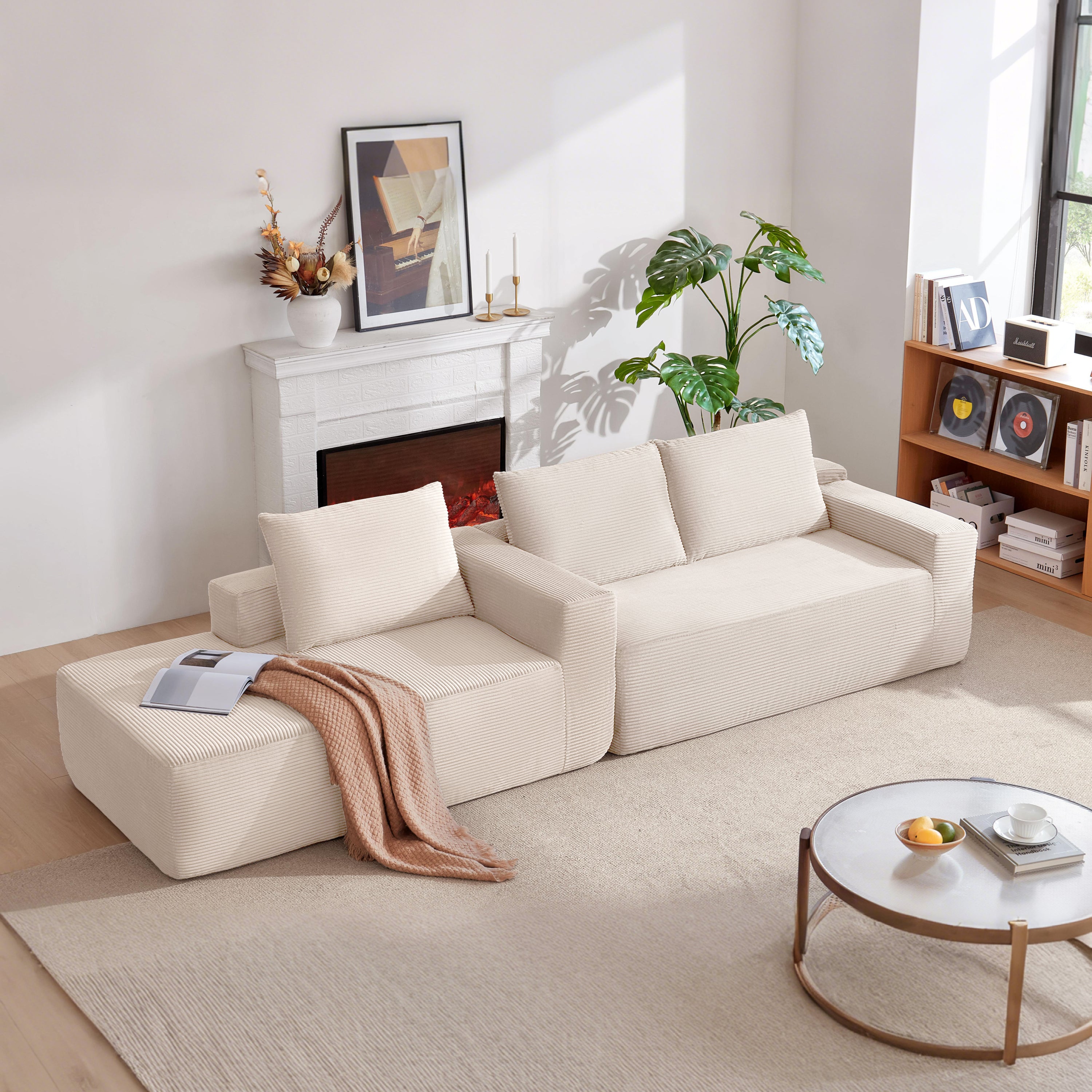 96.9''Cloud Sectional Couch with L-Shaped Chaise,Modern Modular Sofa with Deep Seat, Upholstered Couches for Living Room Bedroom,No Assembly Required,(Corduroy Fabric),White - Grand Goldman Shop