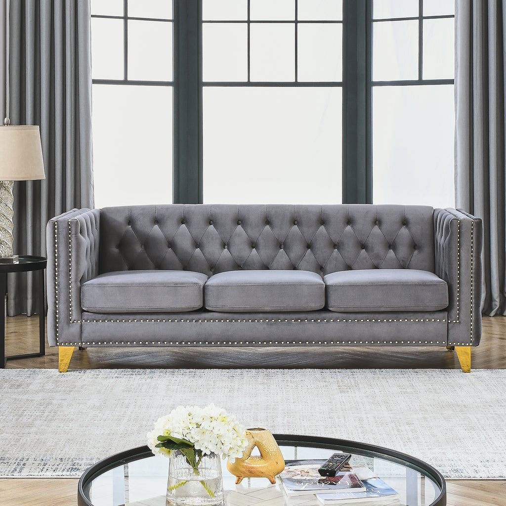 Modern Velvet Sofa with Button Tufting and Metal Legs, Grey Upholstered Couch for Living Room or Bedroom, 3-Seater, Solid Wood Frame, Soft Cotton-Filled Cushions - Grand Goldman Shop