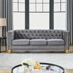 Modern Velvet Sofa with Button Tufting and Metal Legs, Grey Upholstered Couch for Living Room or Bedroom, 3-Seater, Solid Wood Frame, Soft Cotton-Filled Cushions - Grand Goldman Shop