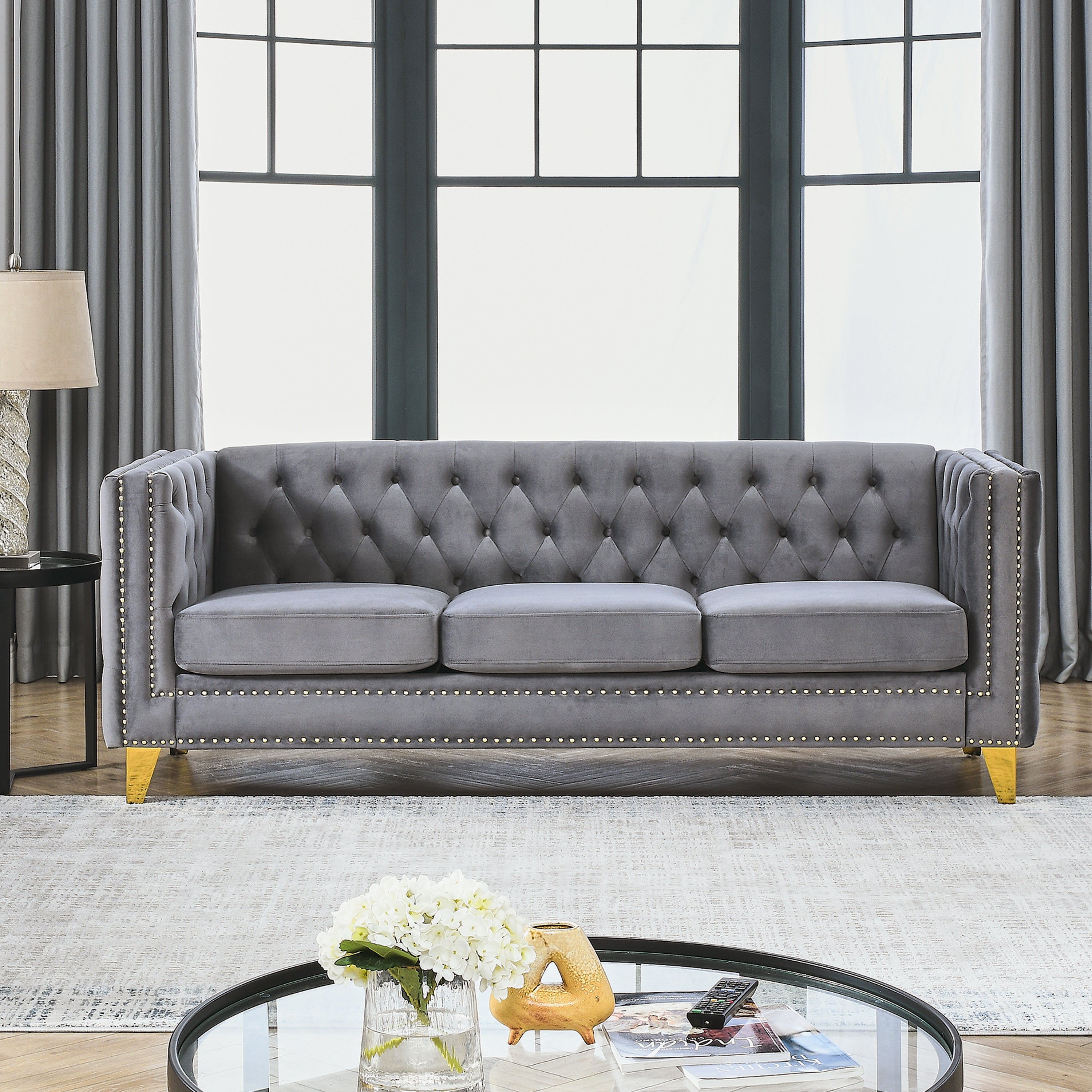 Modern Velvet Sofa with Button Tufting and Metal Legs, Grey Upholstered Couch for Living Room or Bedroom, 3-Seater, Solid Wood Frame, Soft Cotton-Filled Cushions - Grand Goldman Shop