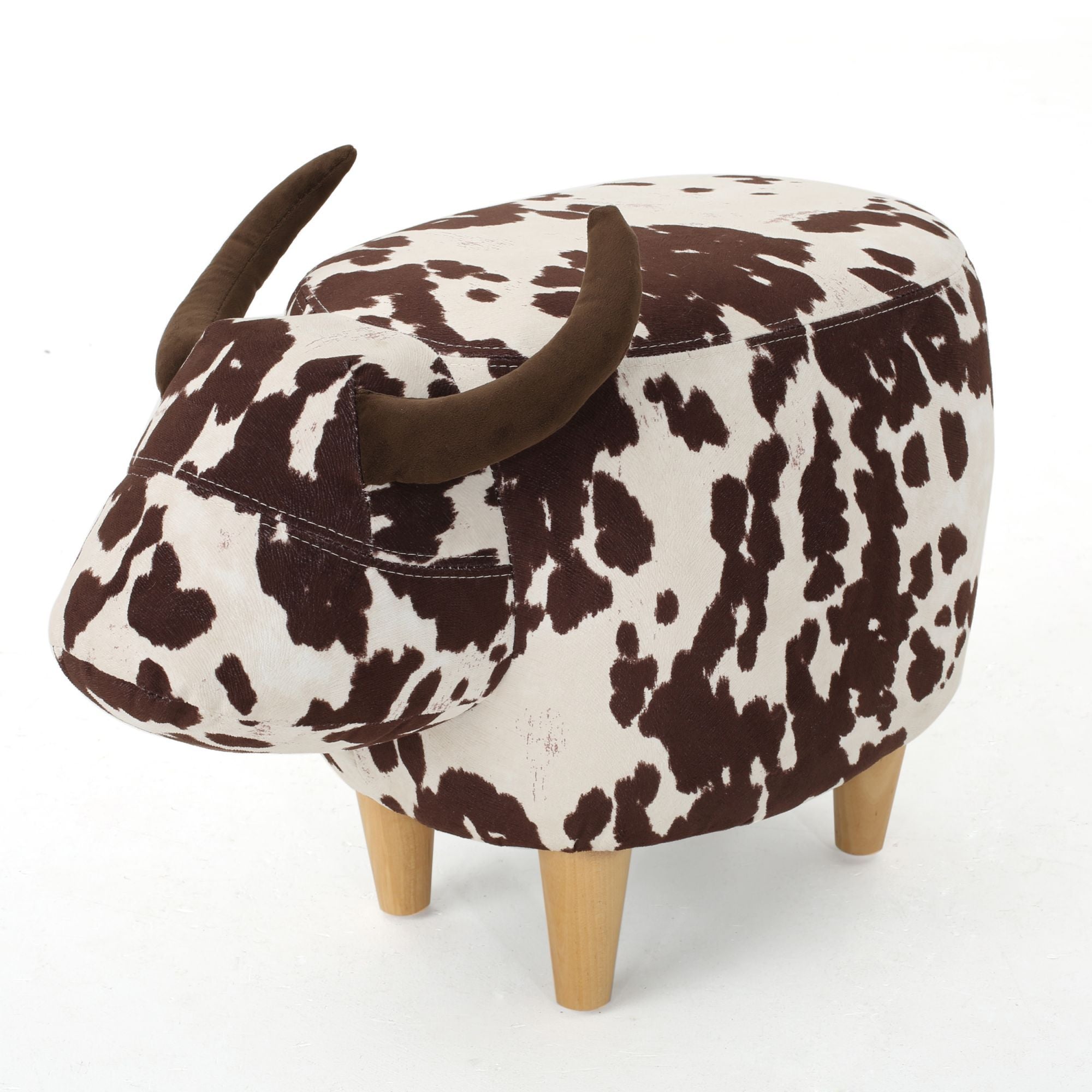 Cow-Shaped Modern Ottoman Footstool in Brown and White Fabric with Velvet Horns, Birch Legs, 25.25 x 14.00 x 16.75 inches - Grand Goldman Shop
