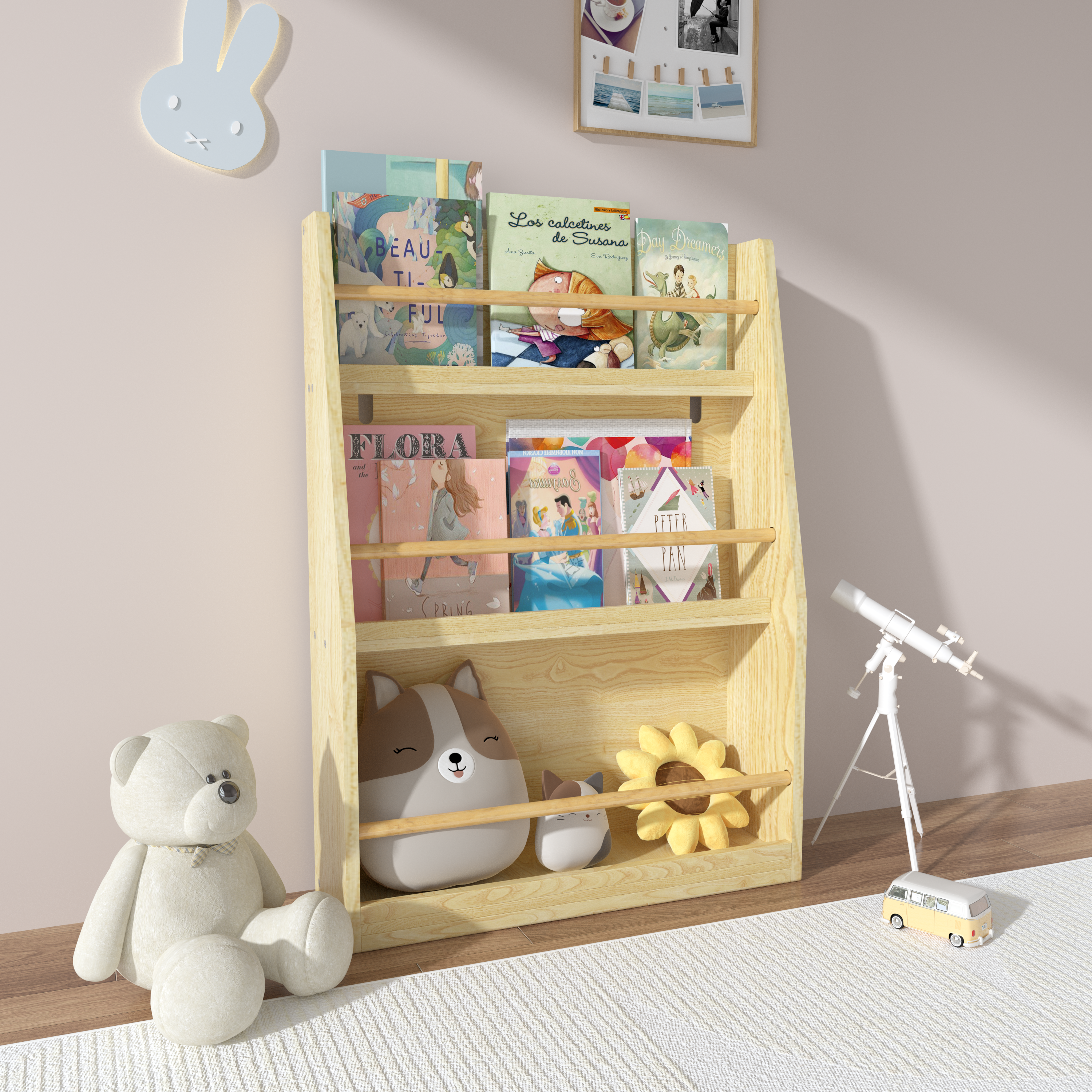 3 Tier Kids Book Shelf, Natural Finish MDF & Pine Wood Storage Rack for Playrooms, Bedrooms, and Classrooms - Grand Goldman