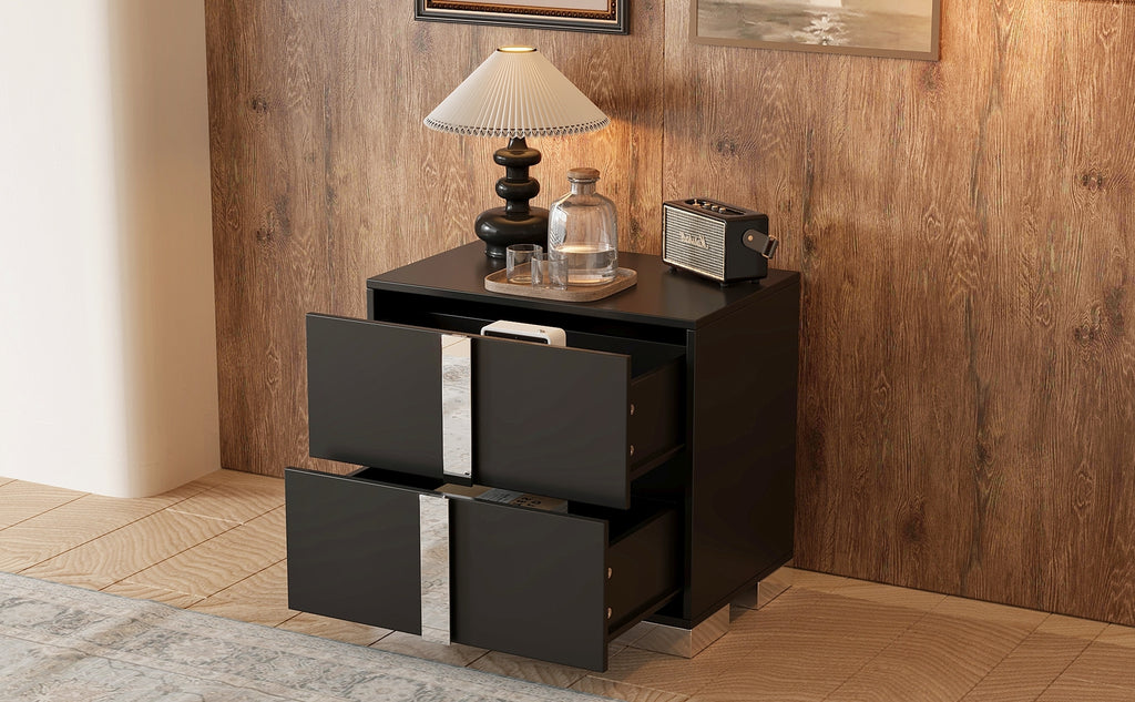 Elegant Nightstand with Metal Foot, Mirrored Bedside Table with 2 Drawers for Bedroom, Living Room, Black - Grand Goldman Shop
