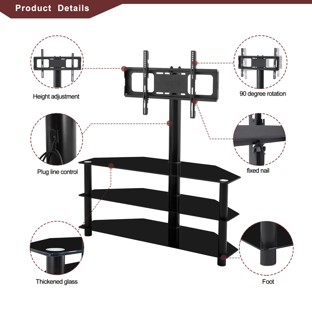 35.4 inch Black Multi-function TV Stand Height Adjustable Bracket Swivel 3-Tier - Grand Goldman Shop