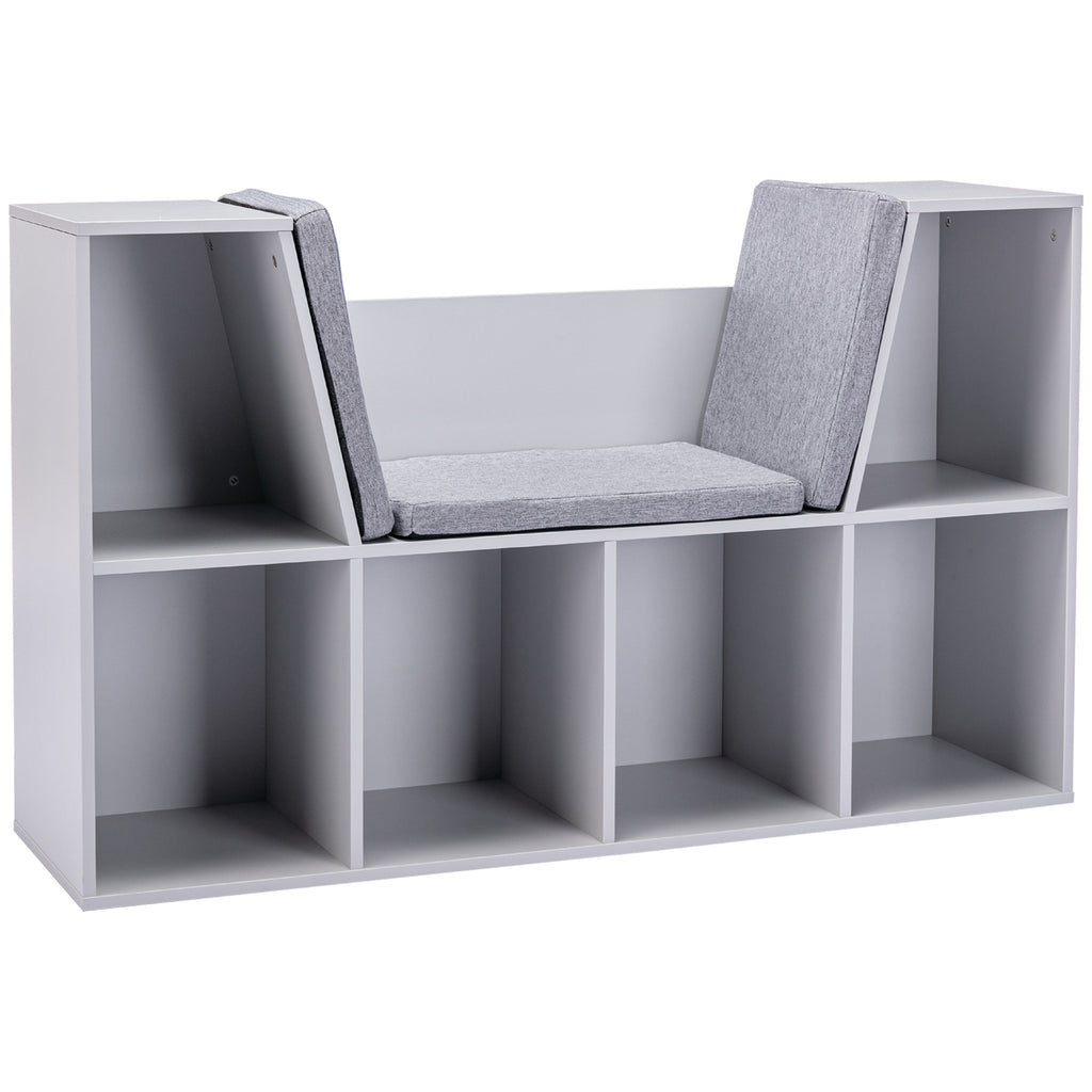 6-Cubby Kids Bookcase with Reading Nook and Cushion, Multi-Purpose Storage Organizer for Bedroom, Living Room, Grey | Premium