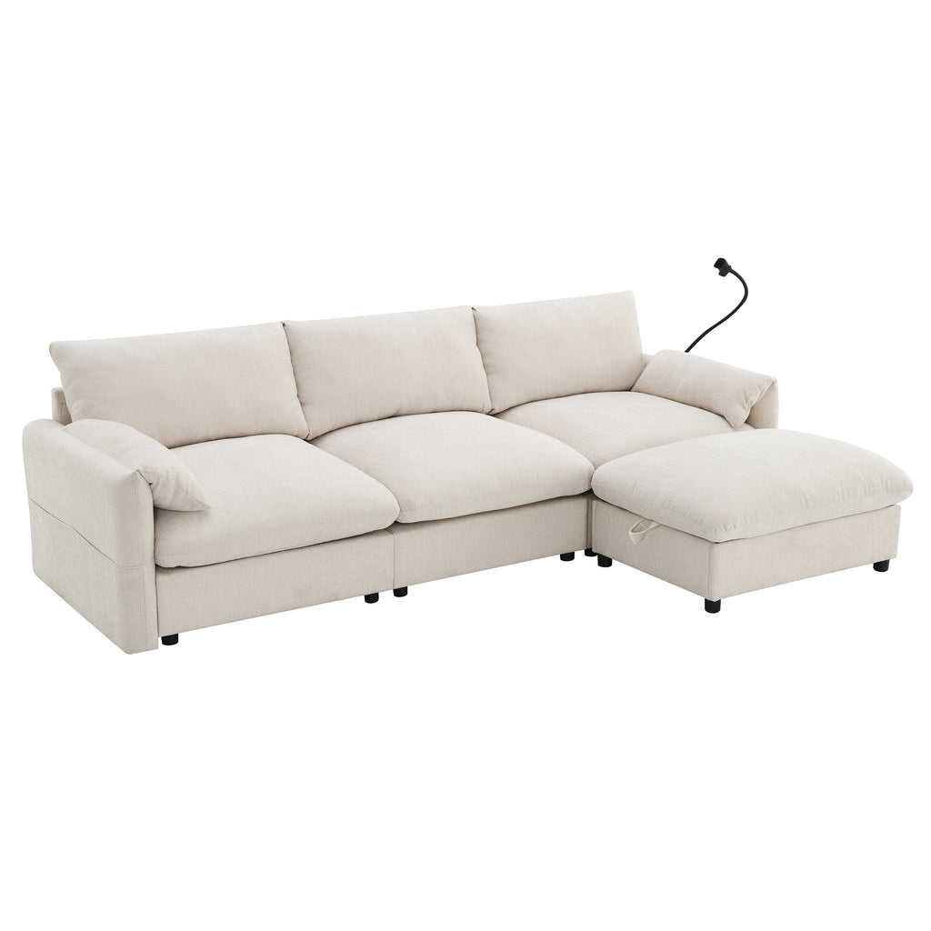 [VIDEO]96.5'' L-Shaped Sectional Sofa with Storage Ottoman and Pockets, Adjustable Phone Holder, USB Charger, Elephant Ear-Shaped Armrests, Comfy Seat for Living Room&Apartment, Chenille, 3 Colors - Grand Goldman Shop