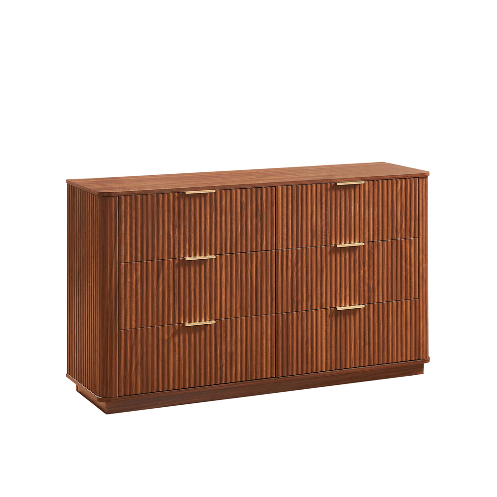 6 Drawers Dresser,55' Wide Modern Chest of Drawers Curved wave Design, Dresser TV Stand, Wood Drawer Organizer for Bedroom, Living Room, Hallway, Walnut,55.12''W x 15.75''D x 31.5''H. - Grand Goldman Shop