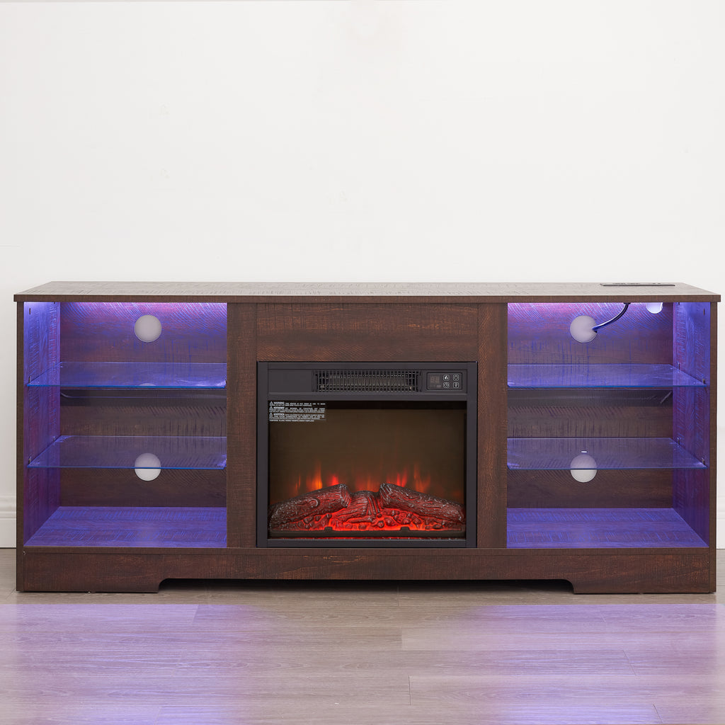 TV Stand Electric Fireplace TV Stand with Glass Shelves, 3D Fireplace TV Stand with LED Lights Wood with USB Charging Outlet Modern Television Table Center for TV up to 32-62' ESP 58''W*15.4''D*24.6 - Grand Goldman Shop