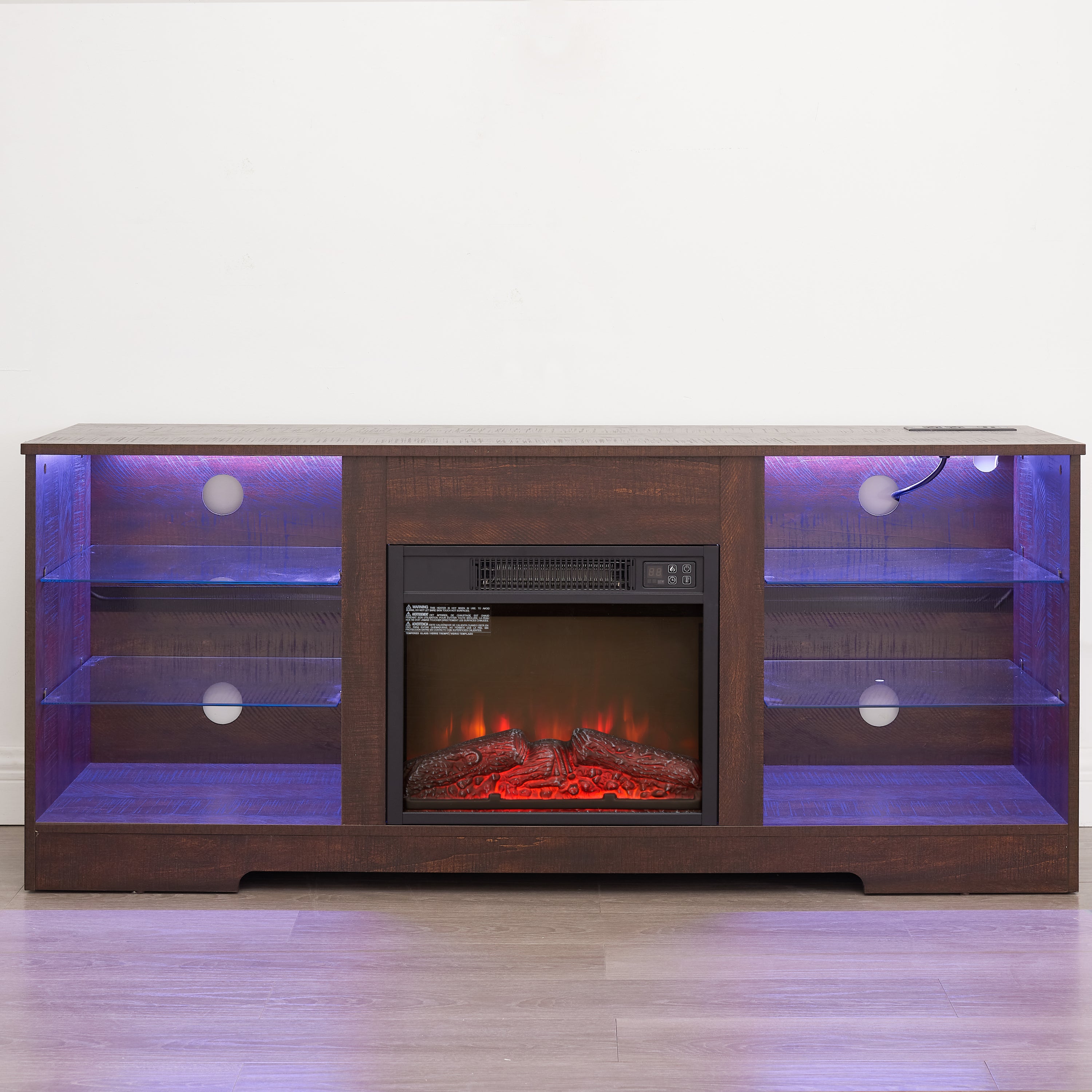 TV Stand Electric Fireplace TV Stand with Glass Shelves, 3D Fireplace TV Stand with LED Lights Wood with USB Charging Outlet Modern Television Table Center for TV up to 32-62' ESP 58''W*15.4''D*24.6 - Grand Goldman Shop