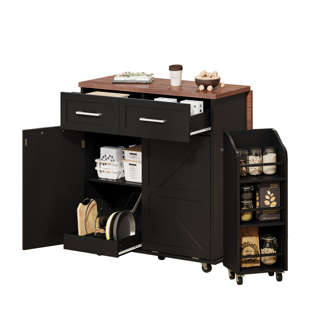 K&K 47.2' Farmhouse Kitchen Island with Drop Leaf, Kitchen Storage Island with Removable Side Racks, Two Drawers, Rolling Kitchen Cart on Wheels with Towel Rack, for Home, Kitchen, Dining Room, Black - Grand Goldman Shop
